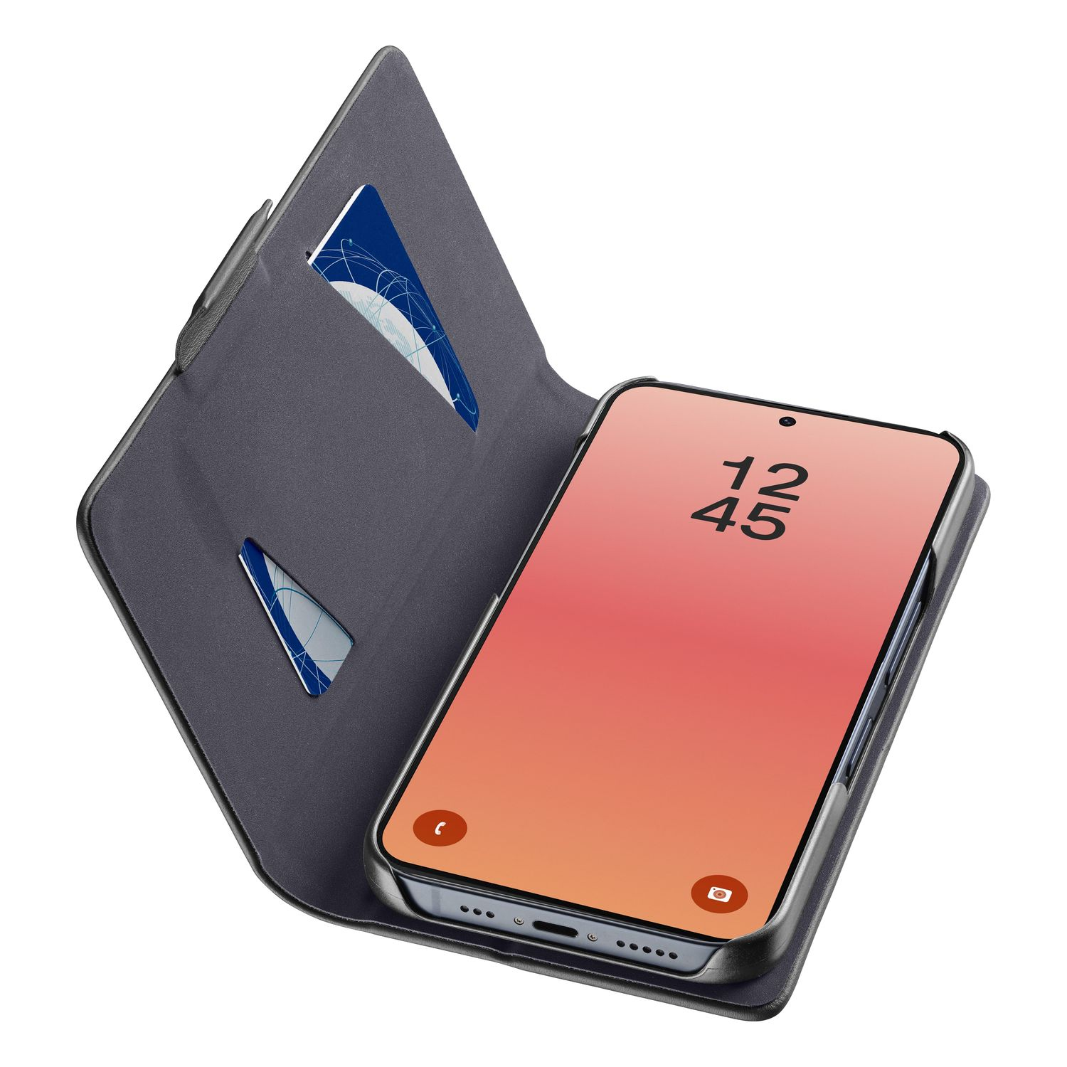 Funda de teléfono gris con dos ranuras para tarjetas y un smartphone con pantalla rosa.