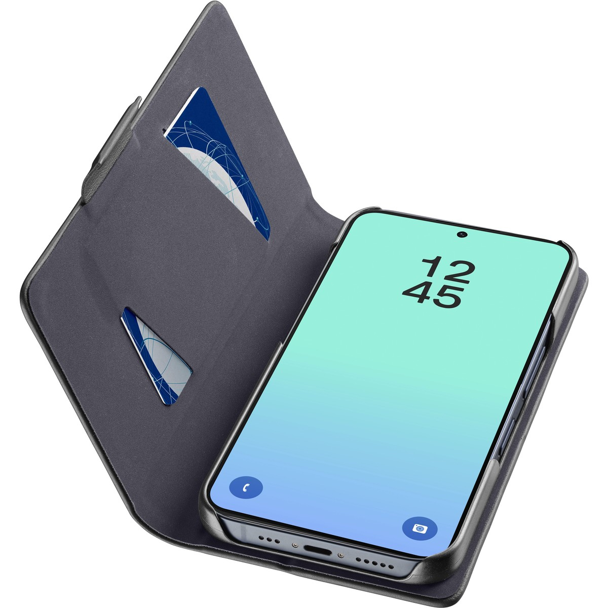 Una funda tipo libro gris para móvil con ranuras para tarjetas y un smartphone mostrando la hora.