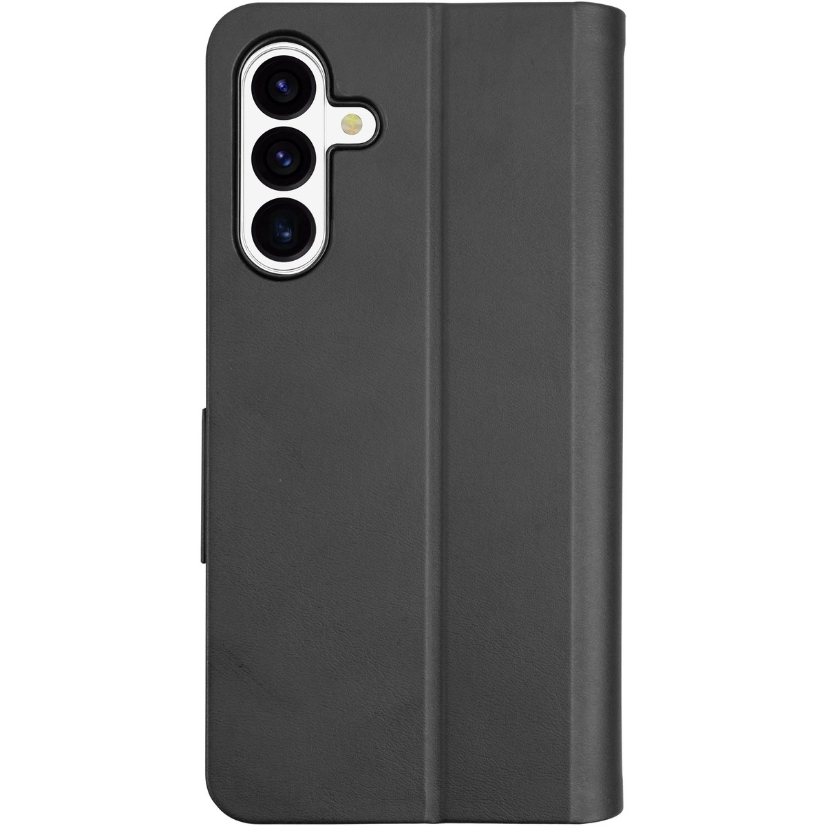 Funda de teléfono negra con tres lentes de cámara y flash.