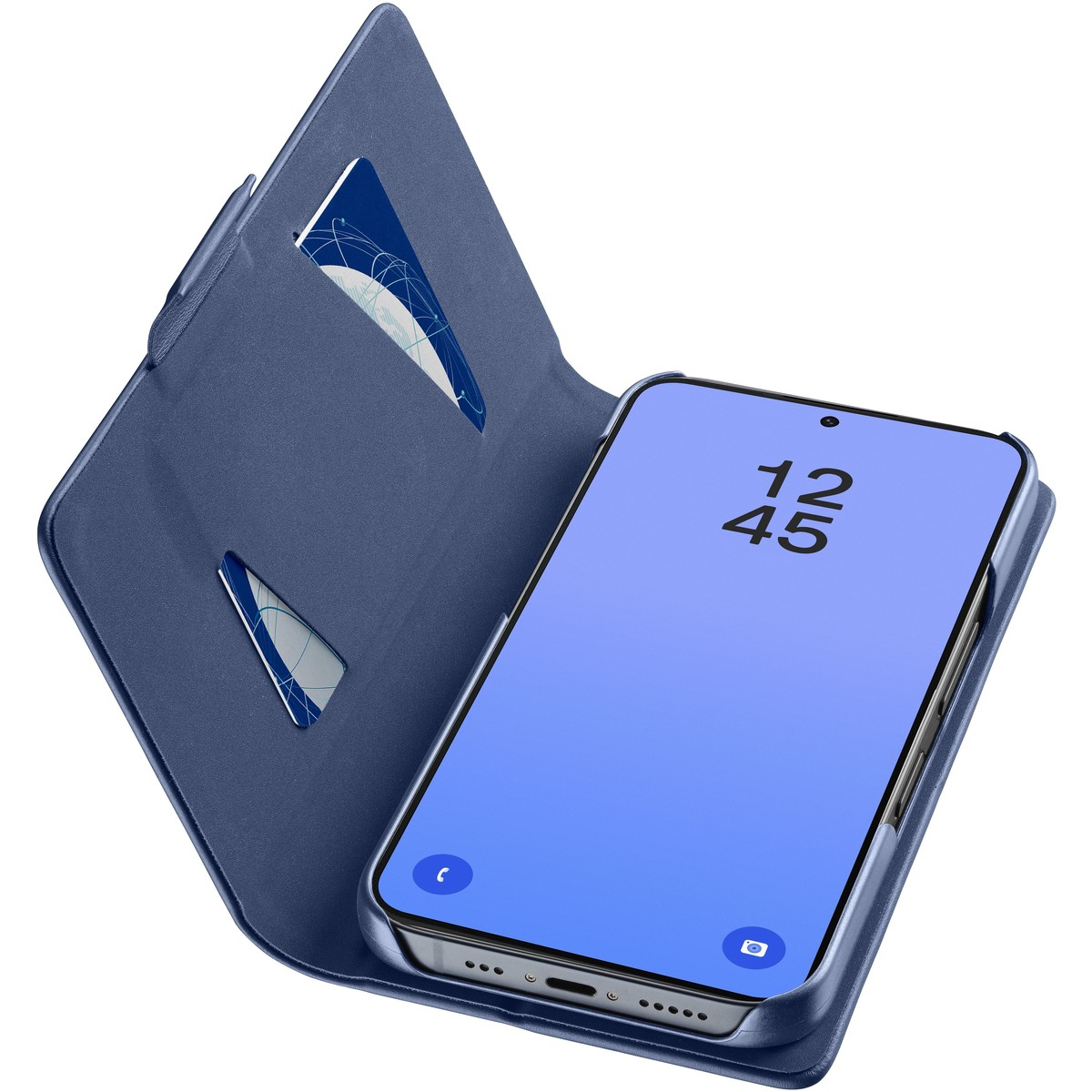 Funda azul abatible con teléfono mostrando hora 12:45. Ranuras para tarjetas visibles.