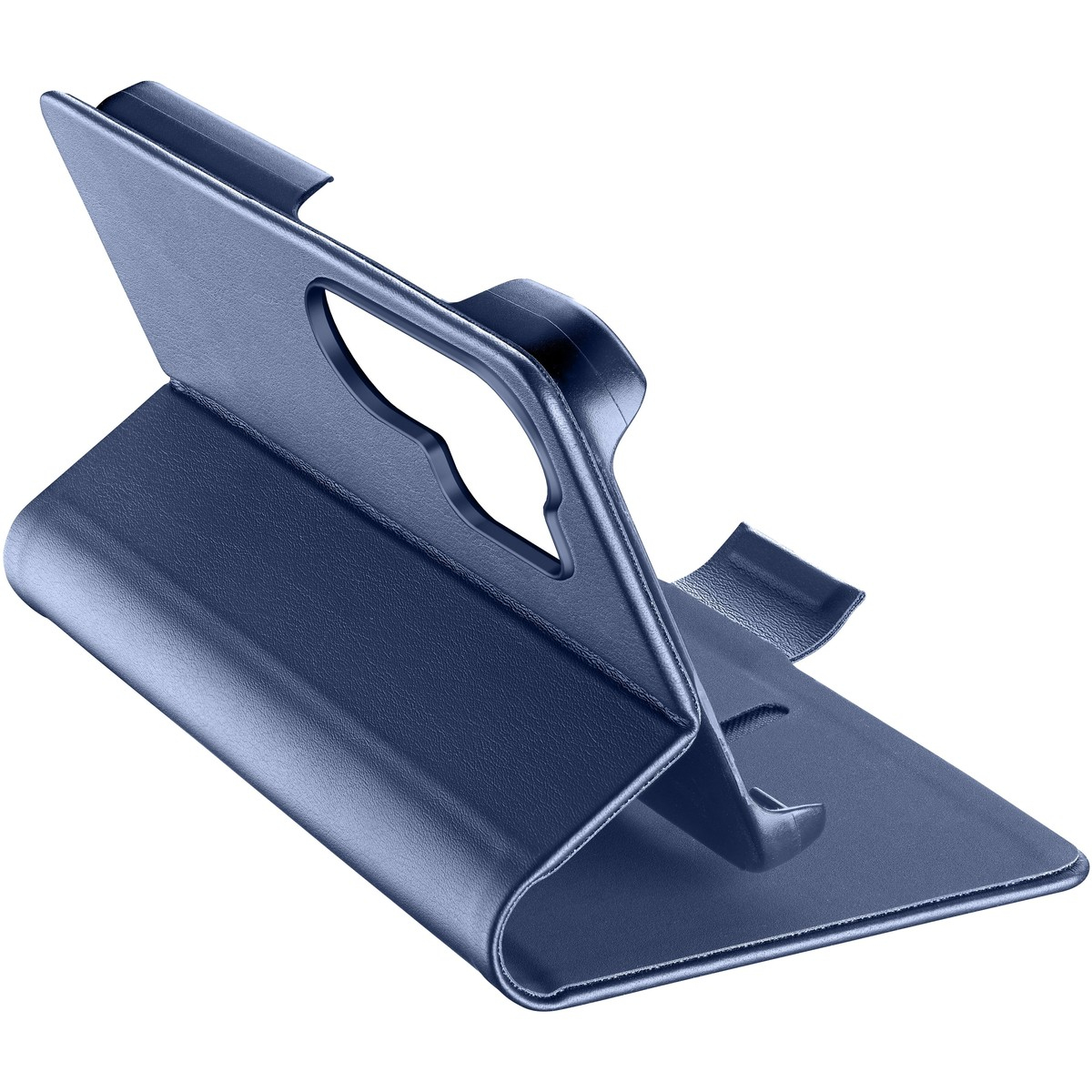 Funda azul marino para móvil con función de soporte, sobre fondo blanco.