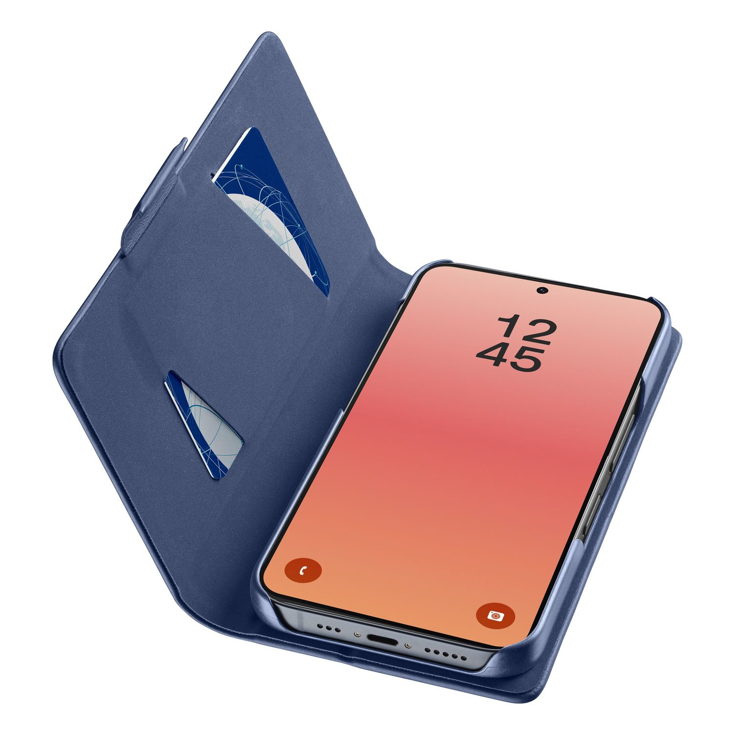 Funda de teléfono azul con ranuras para tarjetas y smartphone mostrando las 12:45.