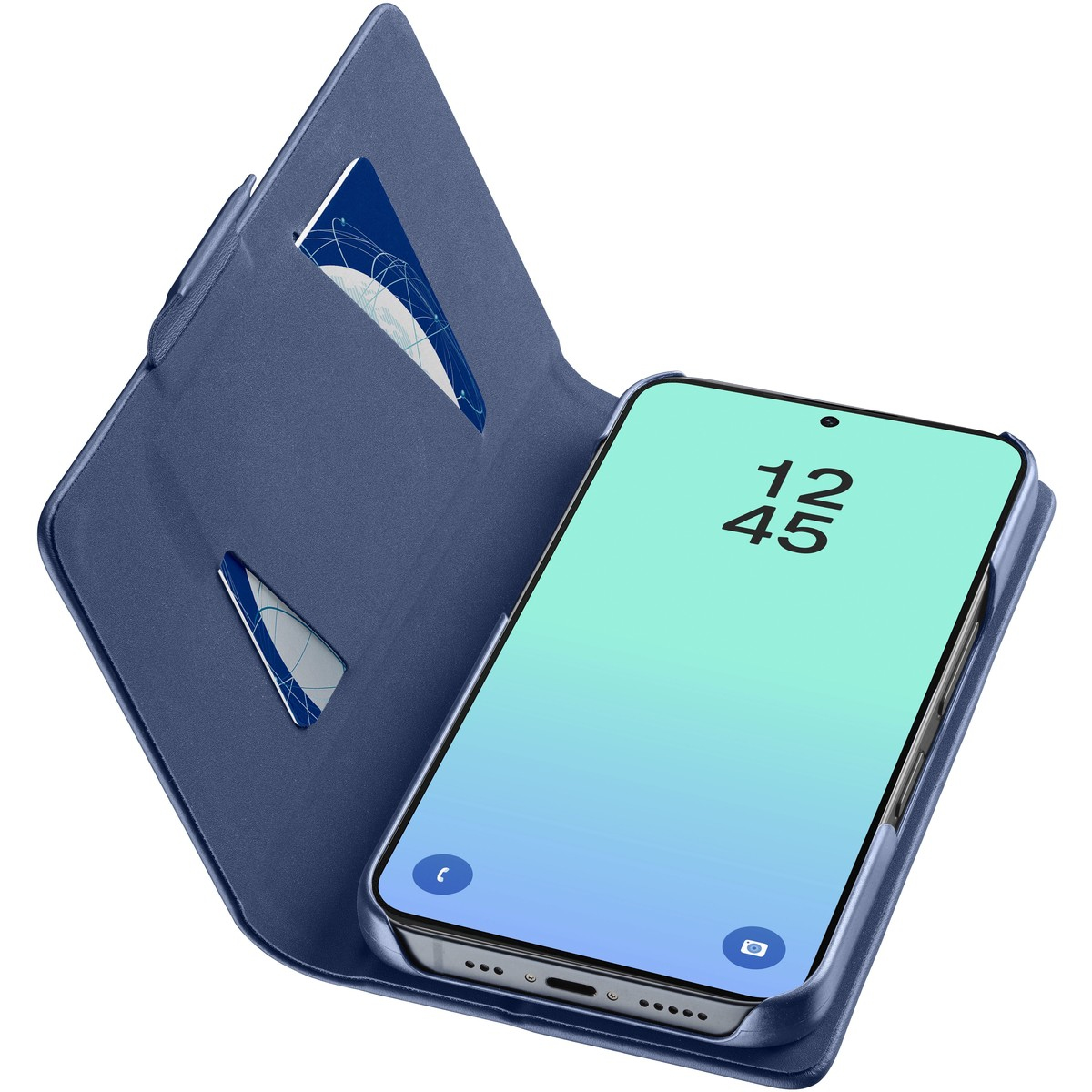 Un smartphone azul en una funda abierta que muestra ranuras para tarjetas.