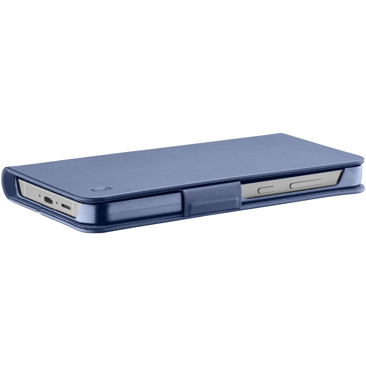 Funda azul para teléfono plegable con teléfono plateado.
