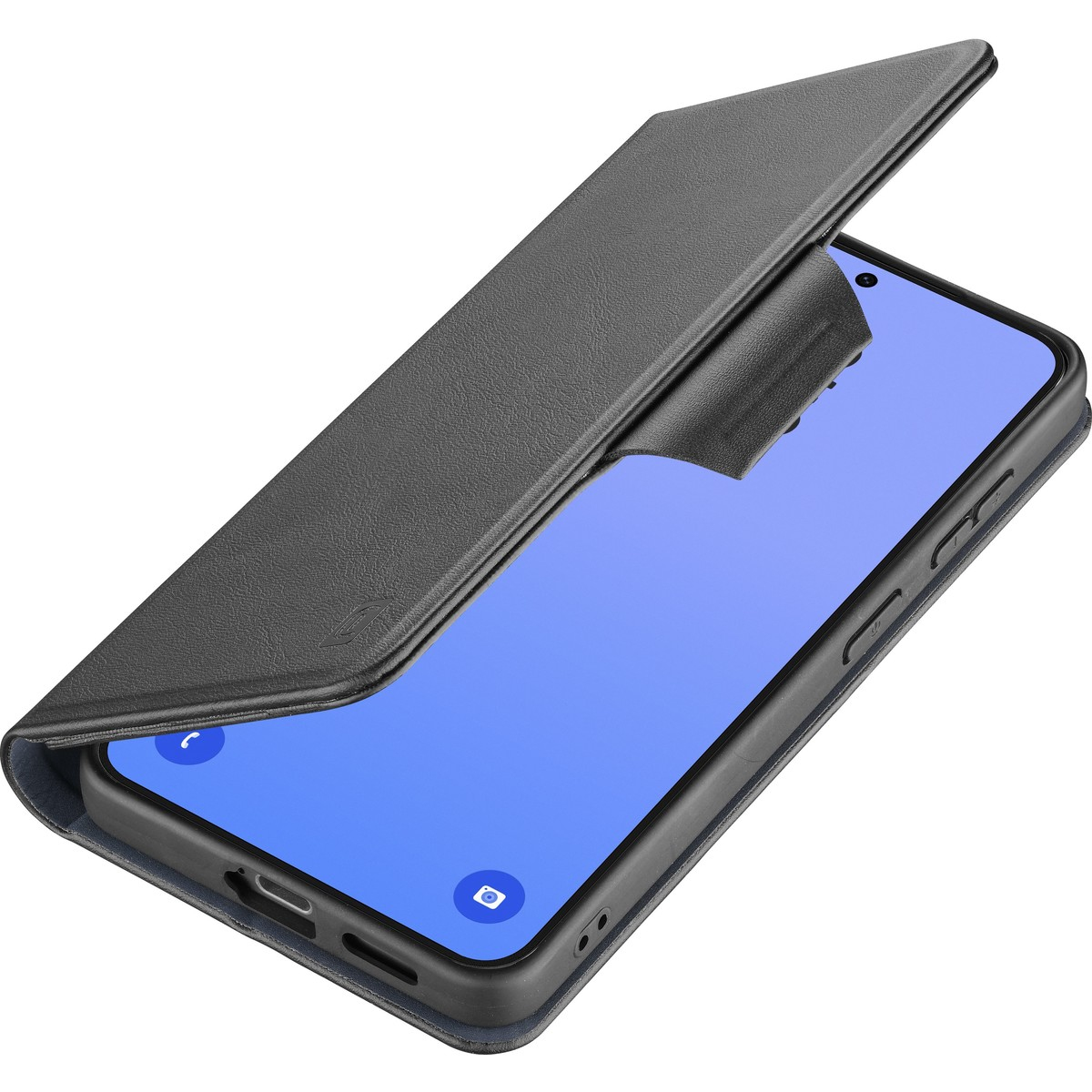 Teléfono inteligente negro con funda abierta, pantalla azul con iconos.