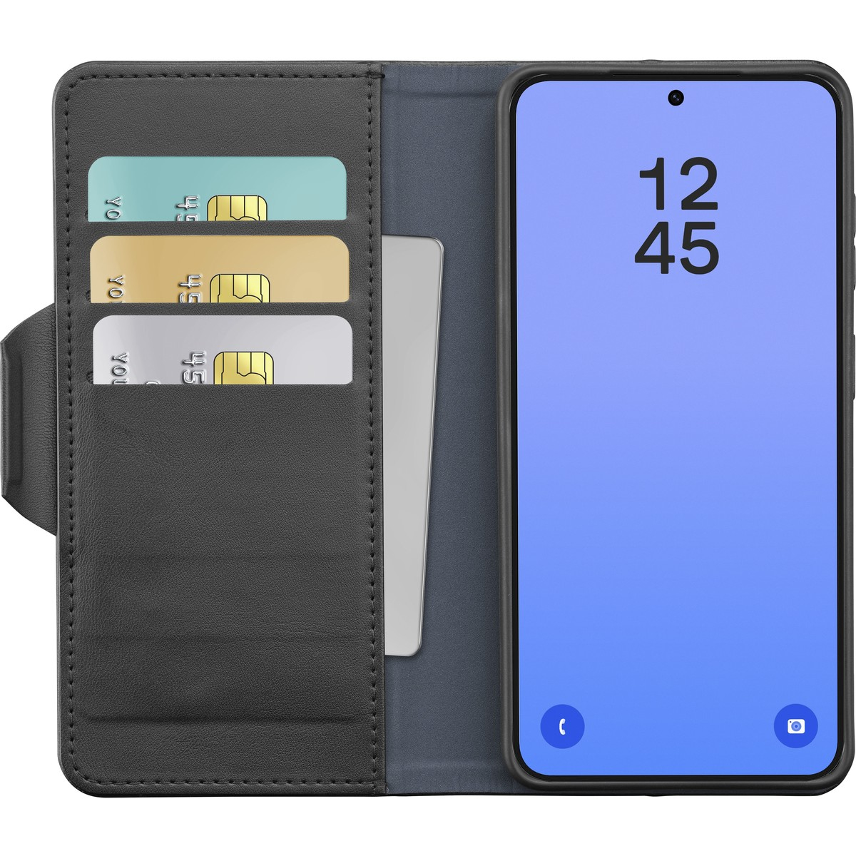 Funda negra para teléfono con tres ranuras para tarjetas y un smartphone.