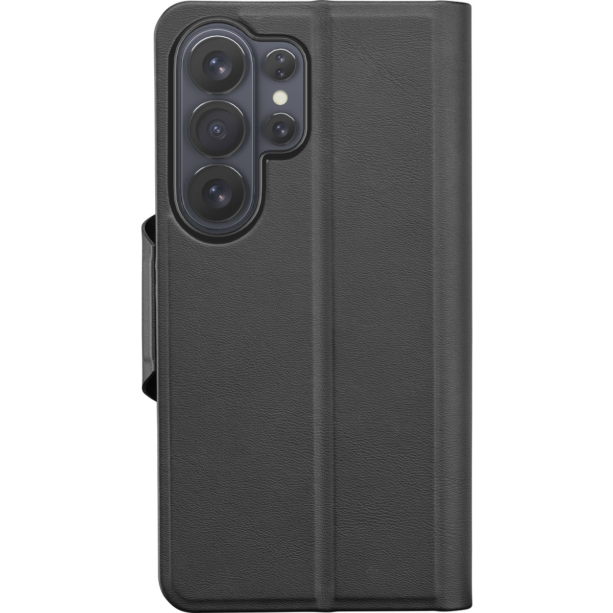 Funda de teléfono negra con módulo de cámara a la izquierda.