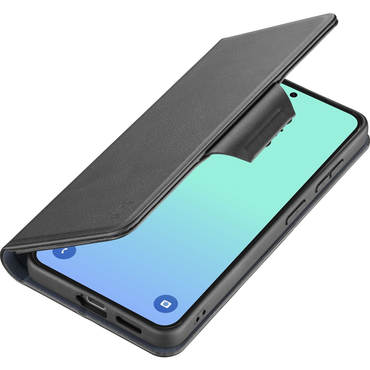 Teléfono negro con tapa abatible abierta y pantalla azul.