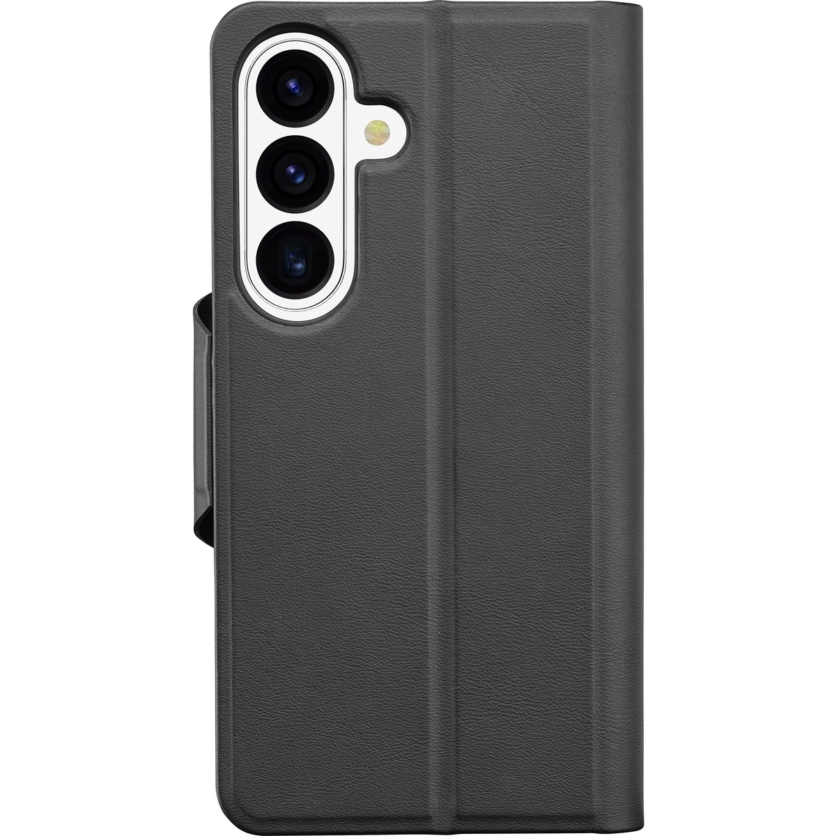 Funda tipo libro negra para teléfono con tres lentes de cámara y flash.