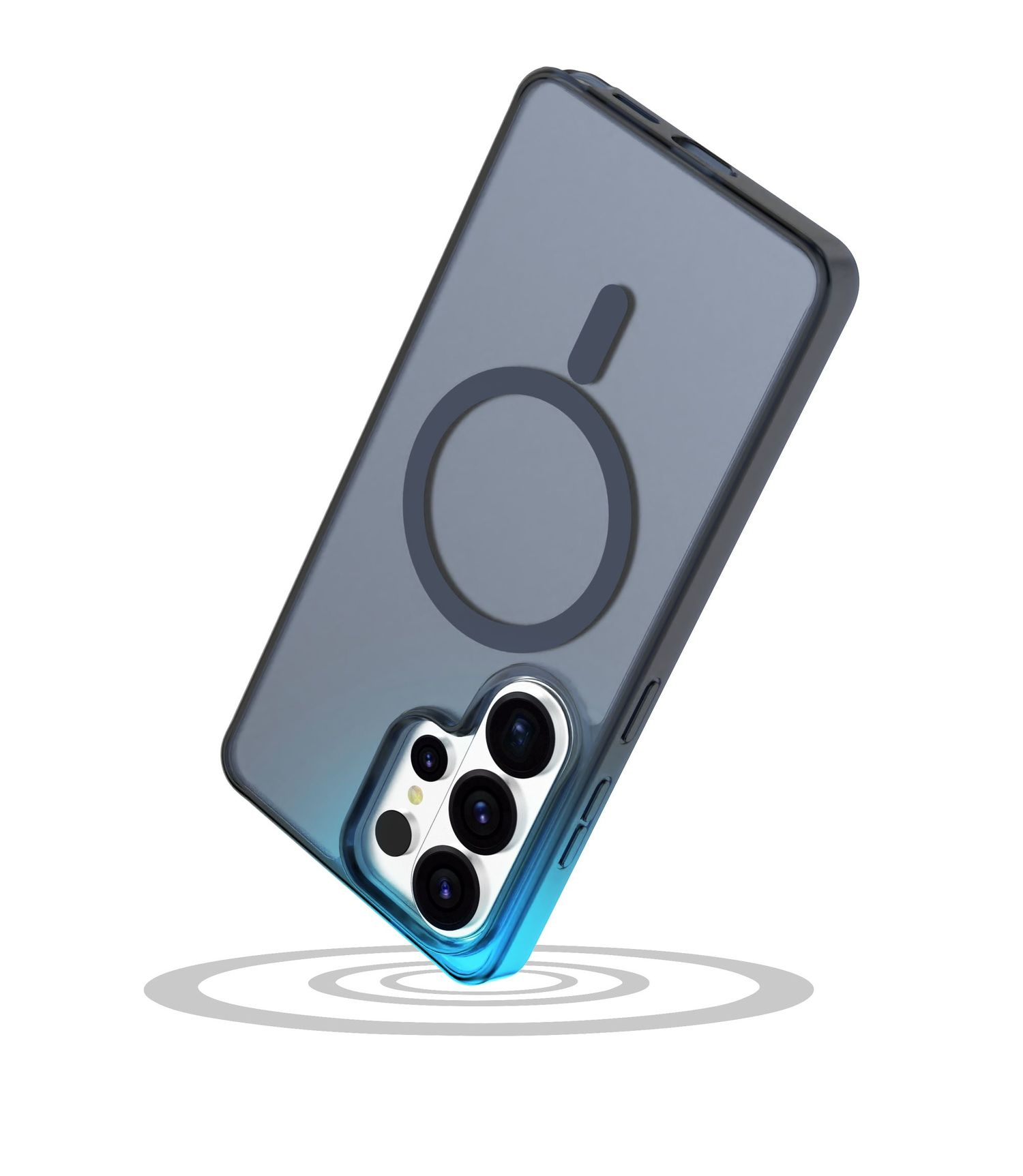 Funda de teléfono gris con anillo magnético y lentes de cámara, sobre fondo blanco.