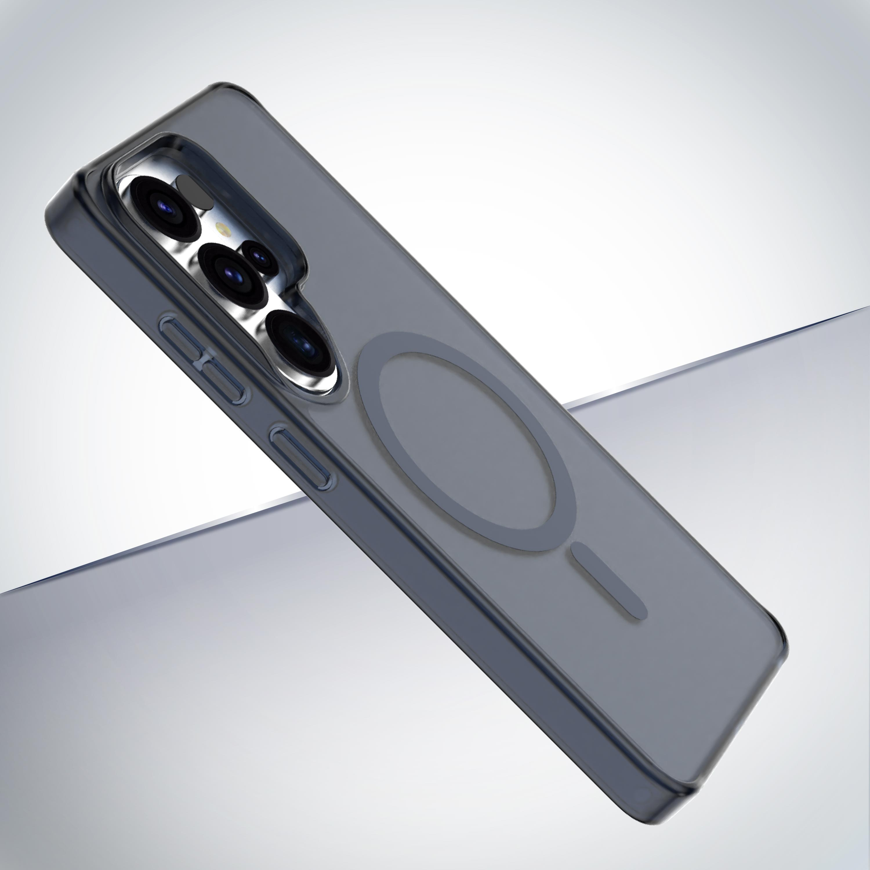 Funda de teléfono gris con lentes de cámara y anillo magnético