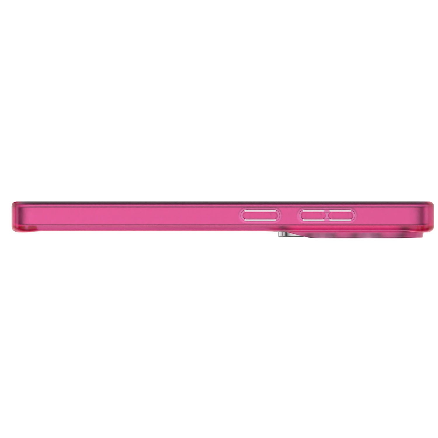 Funda de teléfono rosa transparente con botones laterales.