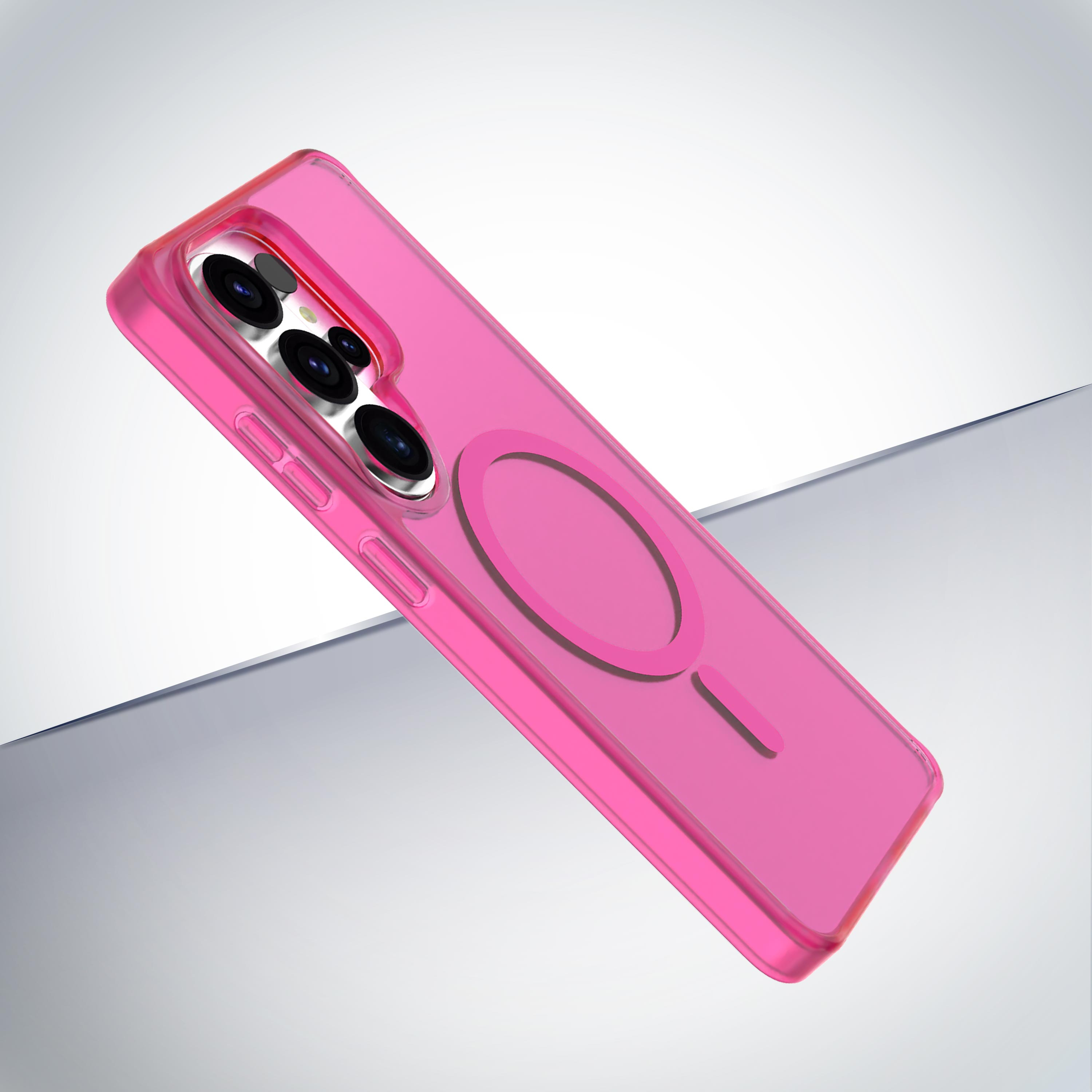 Una funda de teléfono rosa transparente con múltiples lentes de cámara y anillo magnético.