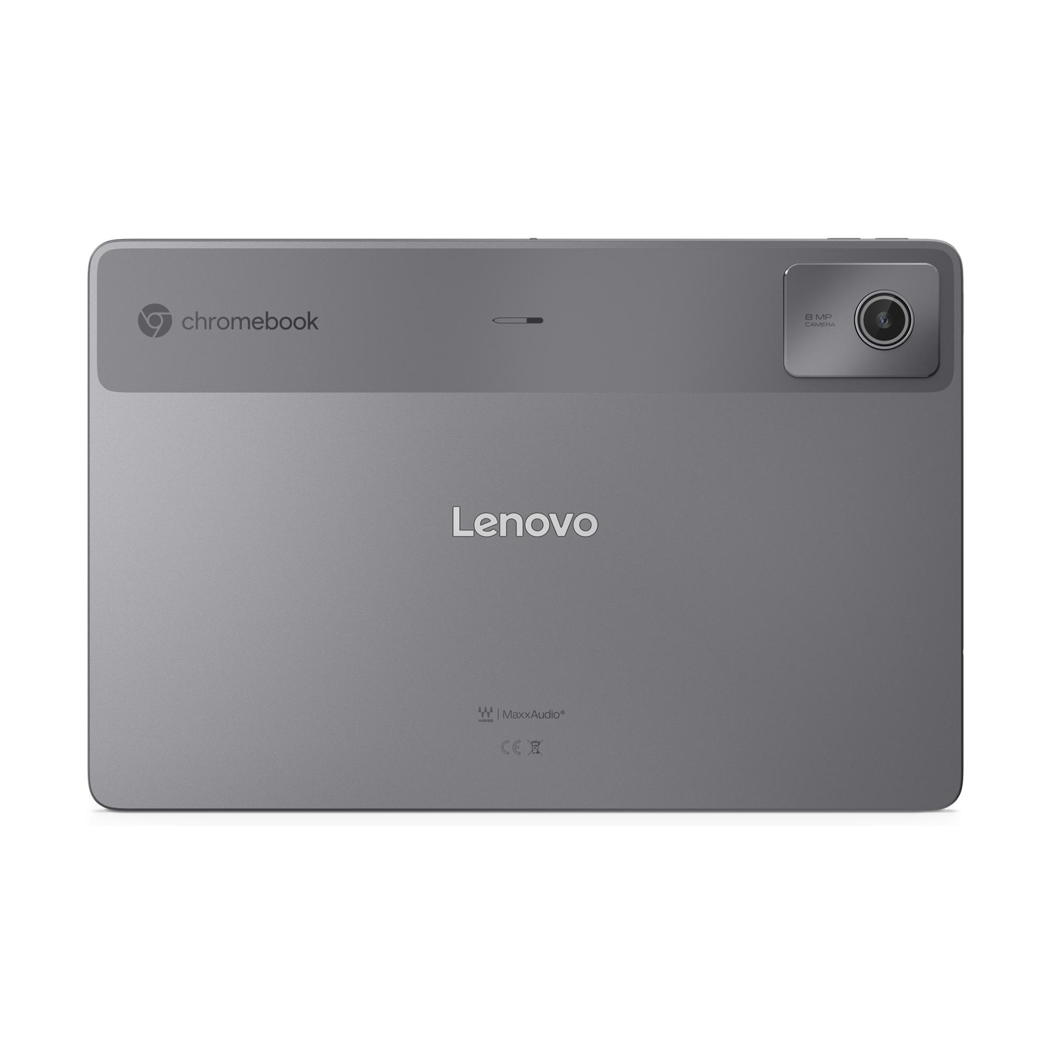 Retro di un tablet Lenovo Chromebook grigio con fotocamera da 8 MP e loghi.
