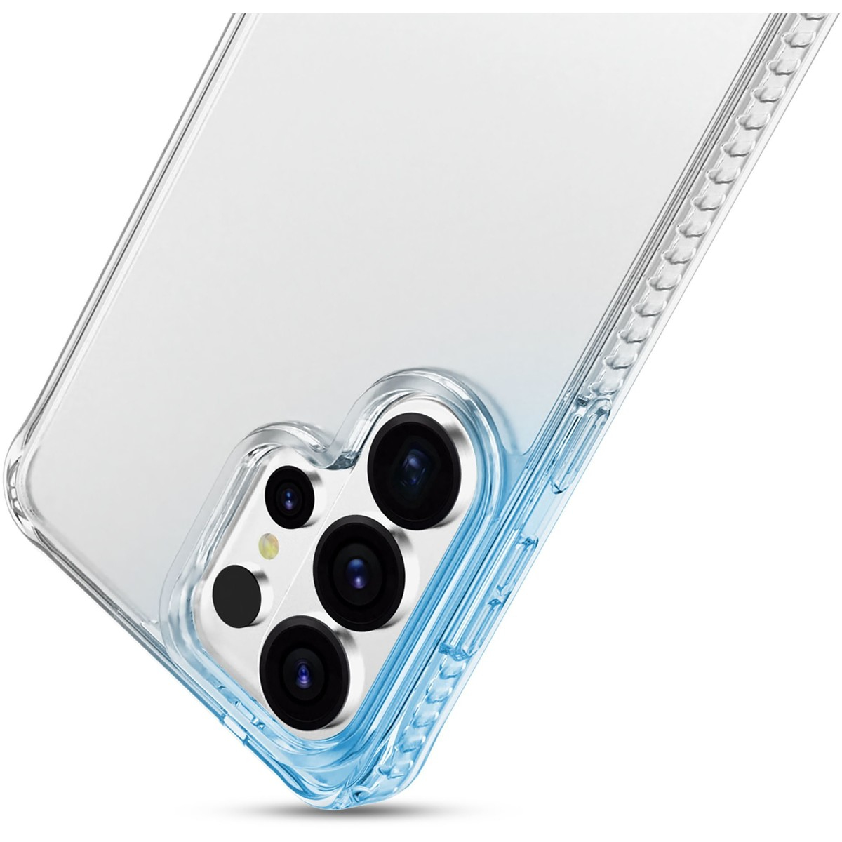 Funda de teléfono transparente con degradado azul y lentes de cámara visibles.