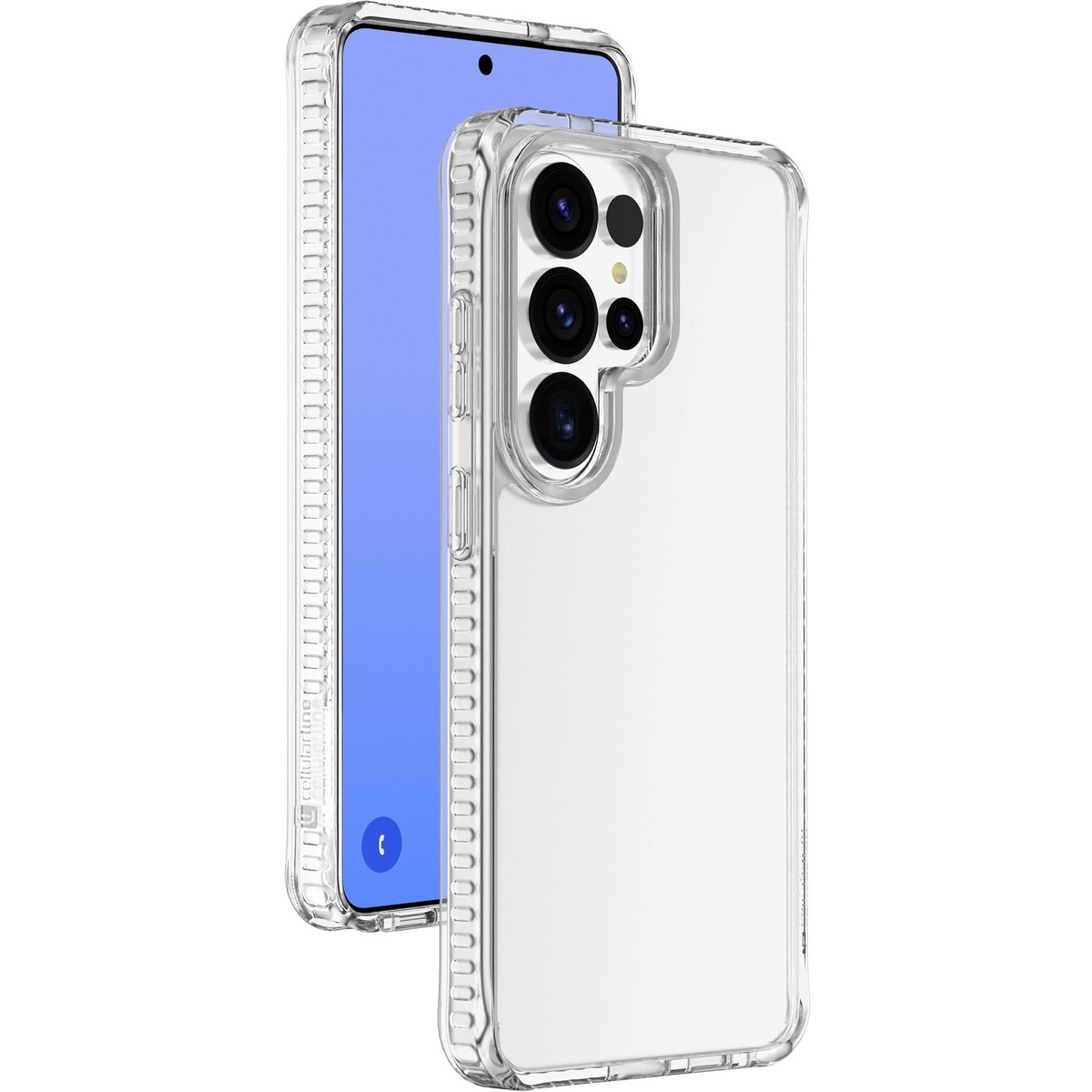 Una funda transparente para teléfono rodea un teléfono con pantalla en blanco.