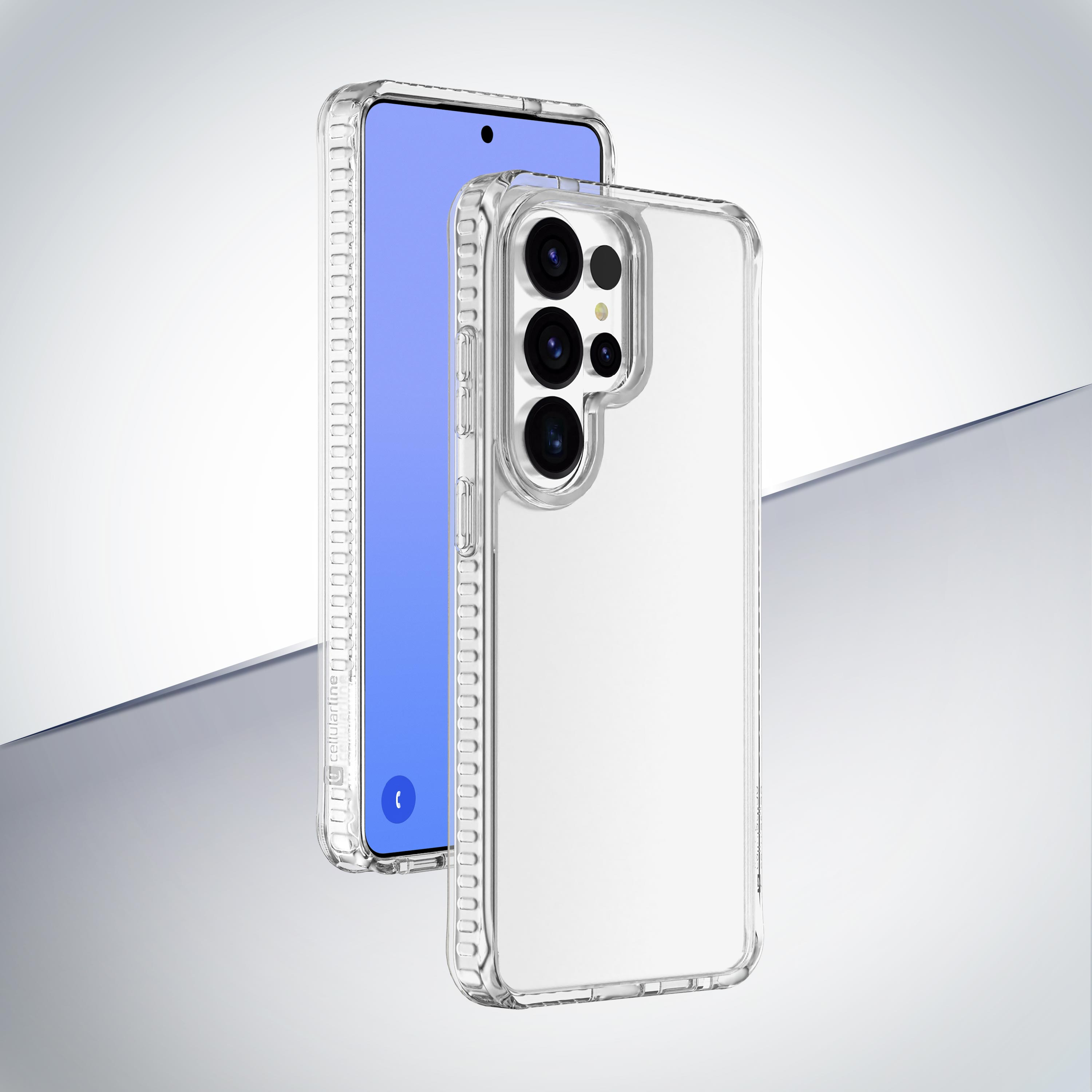 Una funda protectora transparente para un smartphone con pantalla azul.