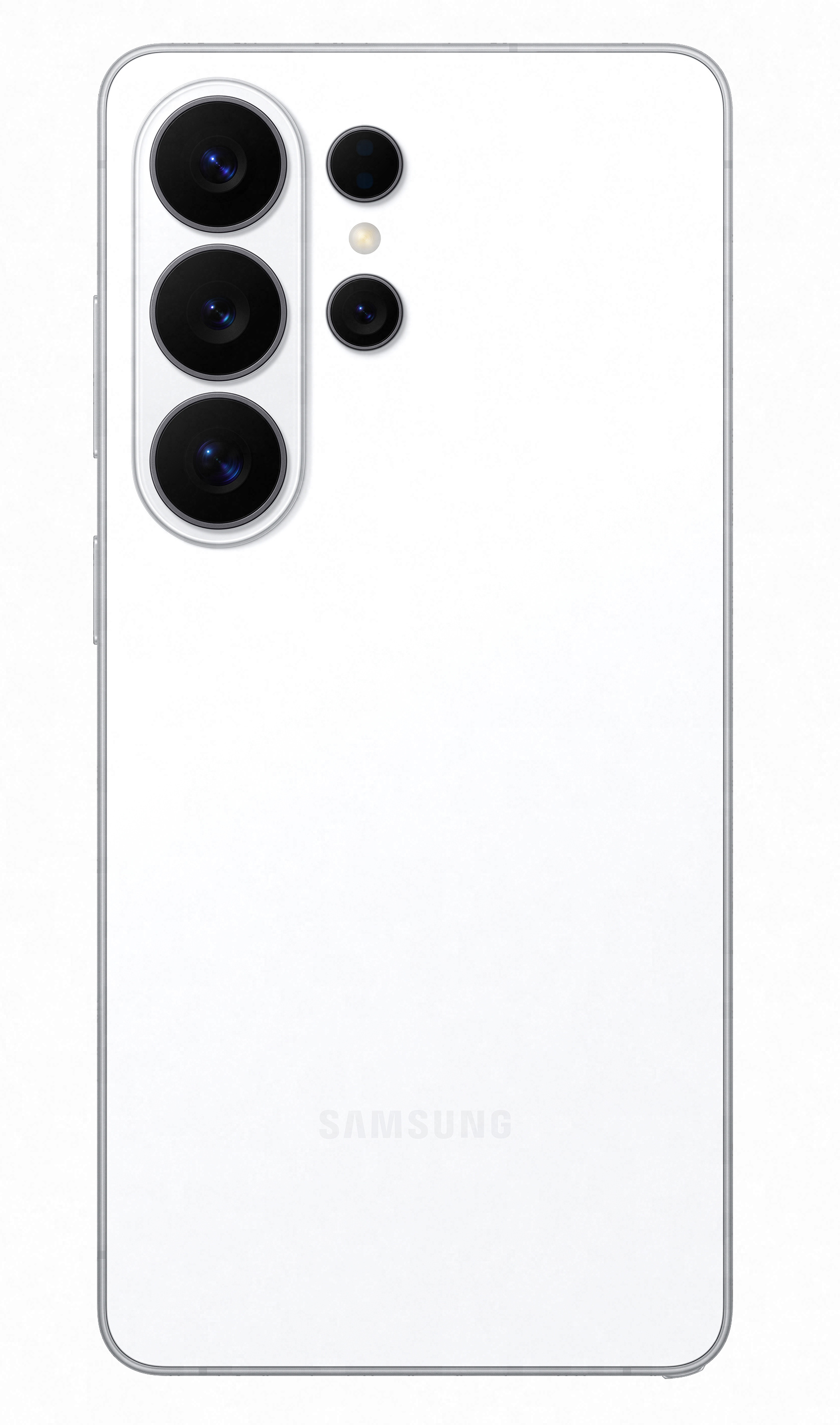 Biały tył smartfona z czterema obiektywami aparatu i logo Samsung.