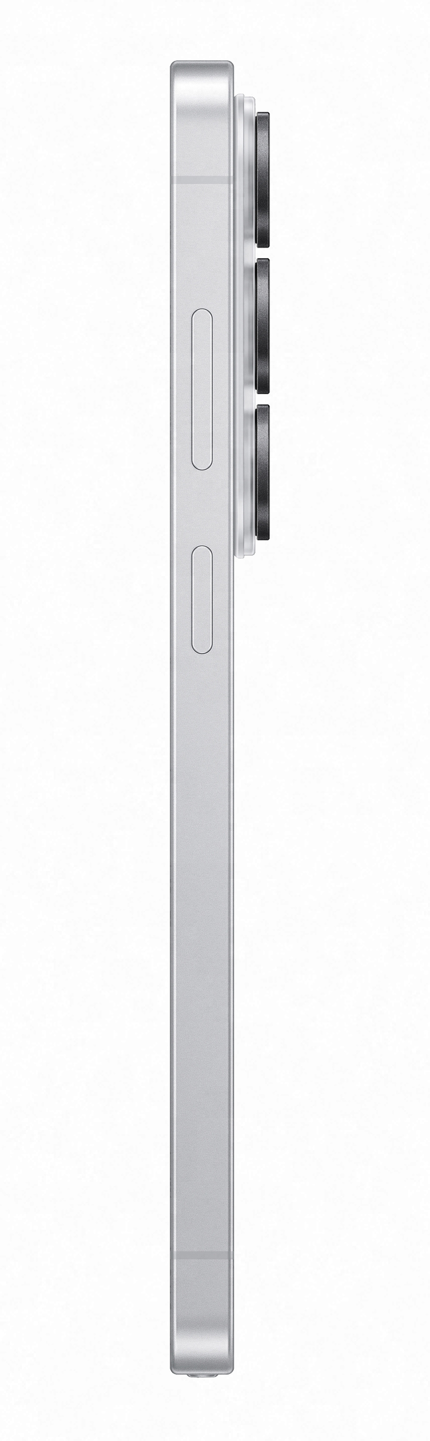 Srebrny smartfon z boku z soczewkami aparatu i przyciskami głośności.