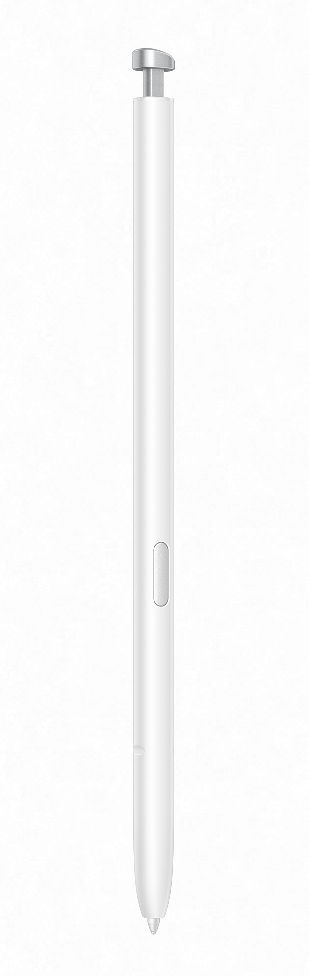 Biały rysik ze srebrną końcówką i przyciskiem na białym tle.