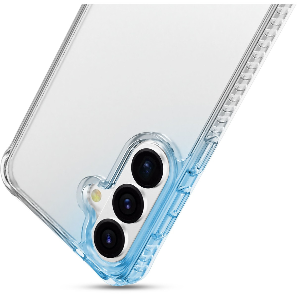Funda transparente con borde azul y tres lentes de cámara.