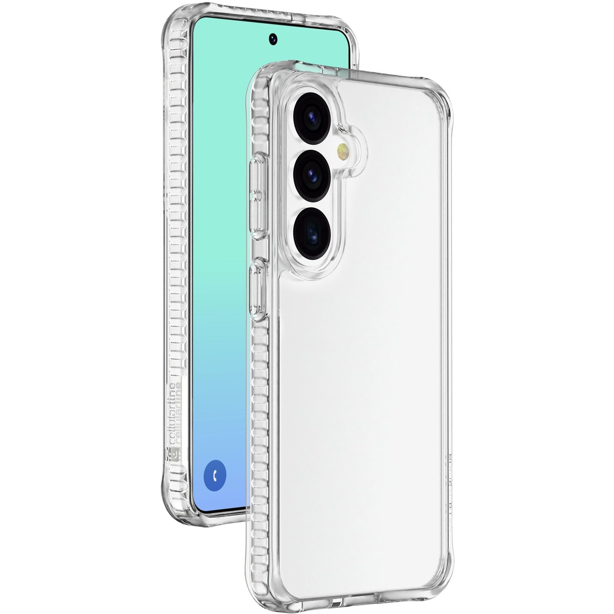 Una funda transparente para teléfono con un smartphone que muestra una pantalla azul verdosa.