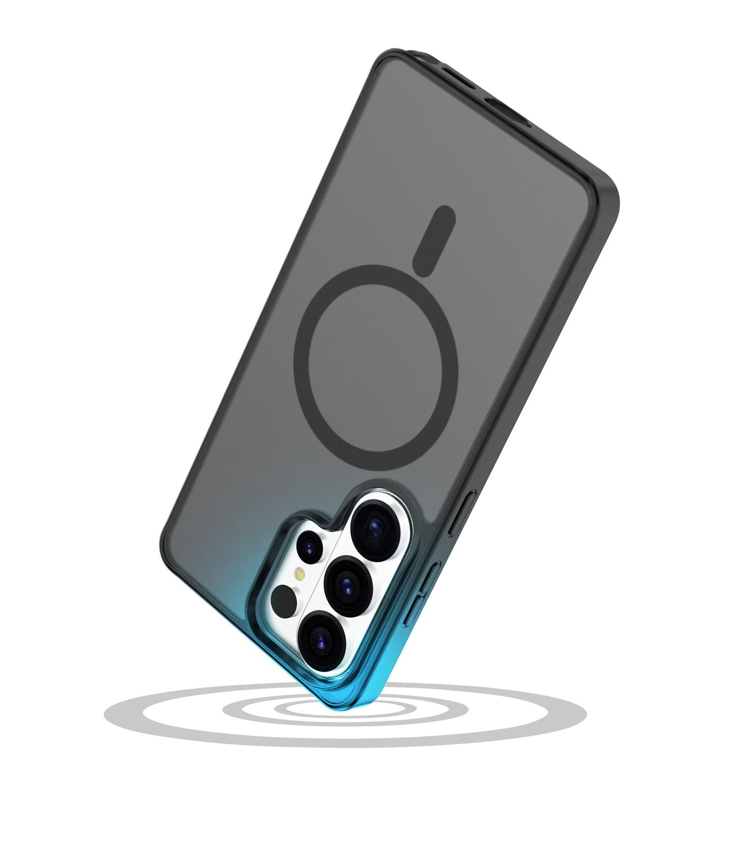 Funda de teléfono gris con anillo MagSafe y lentes de cámara.