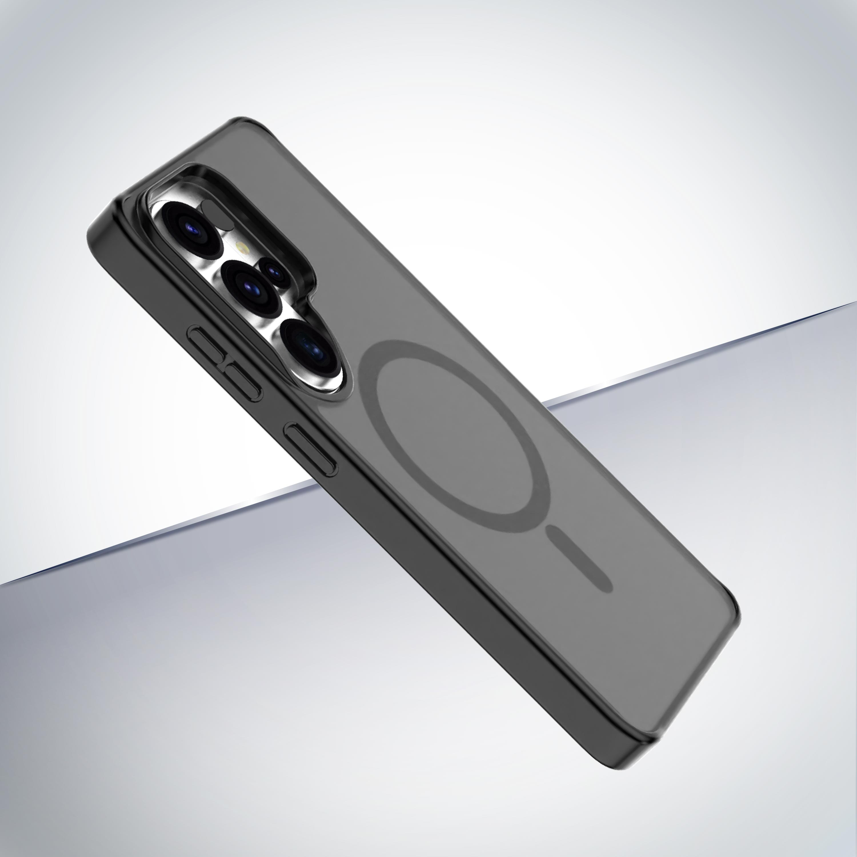 Funda de teléfono negra con círculo MagSafe sobre fondo gris.