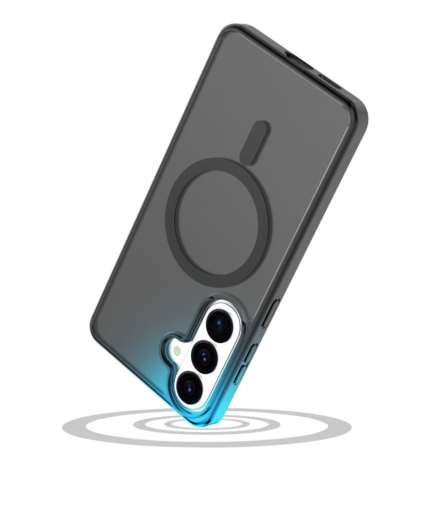 Funda de teléfono gris con anillo magnético y recorte de cámara sobre fondo blanco.