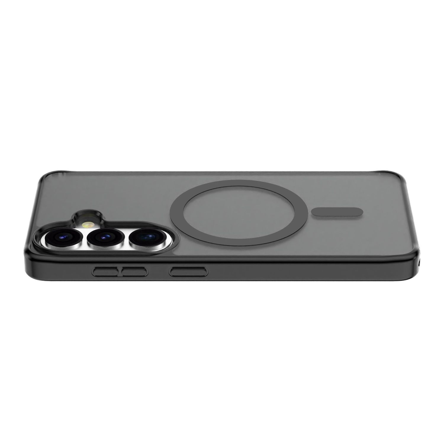 Funda de teléfono gris translúcida con tres lentes de cámara y anillo magnético.