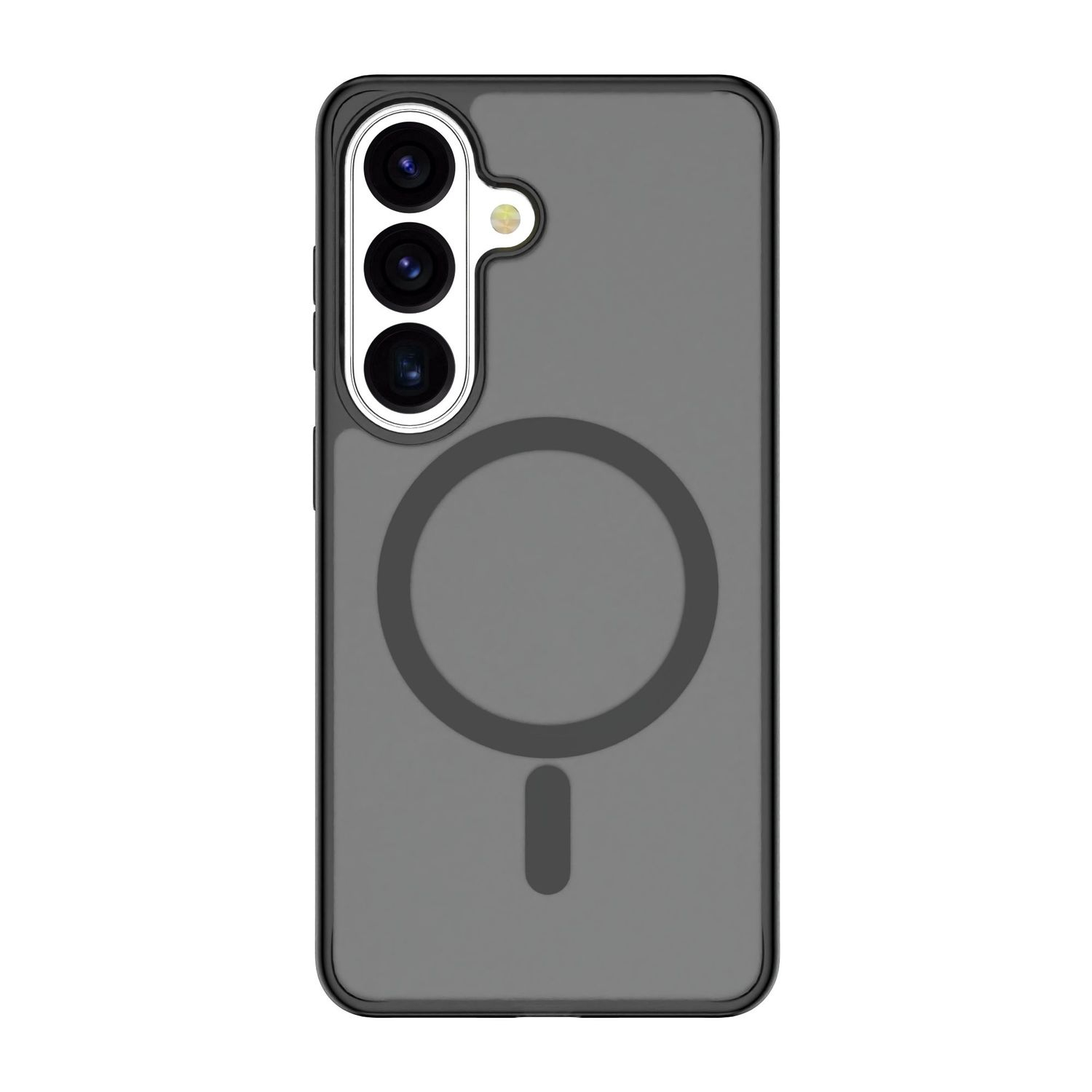 Una funda de teléfono gris con tres lentes de cámara y un anillo magnético circular.