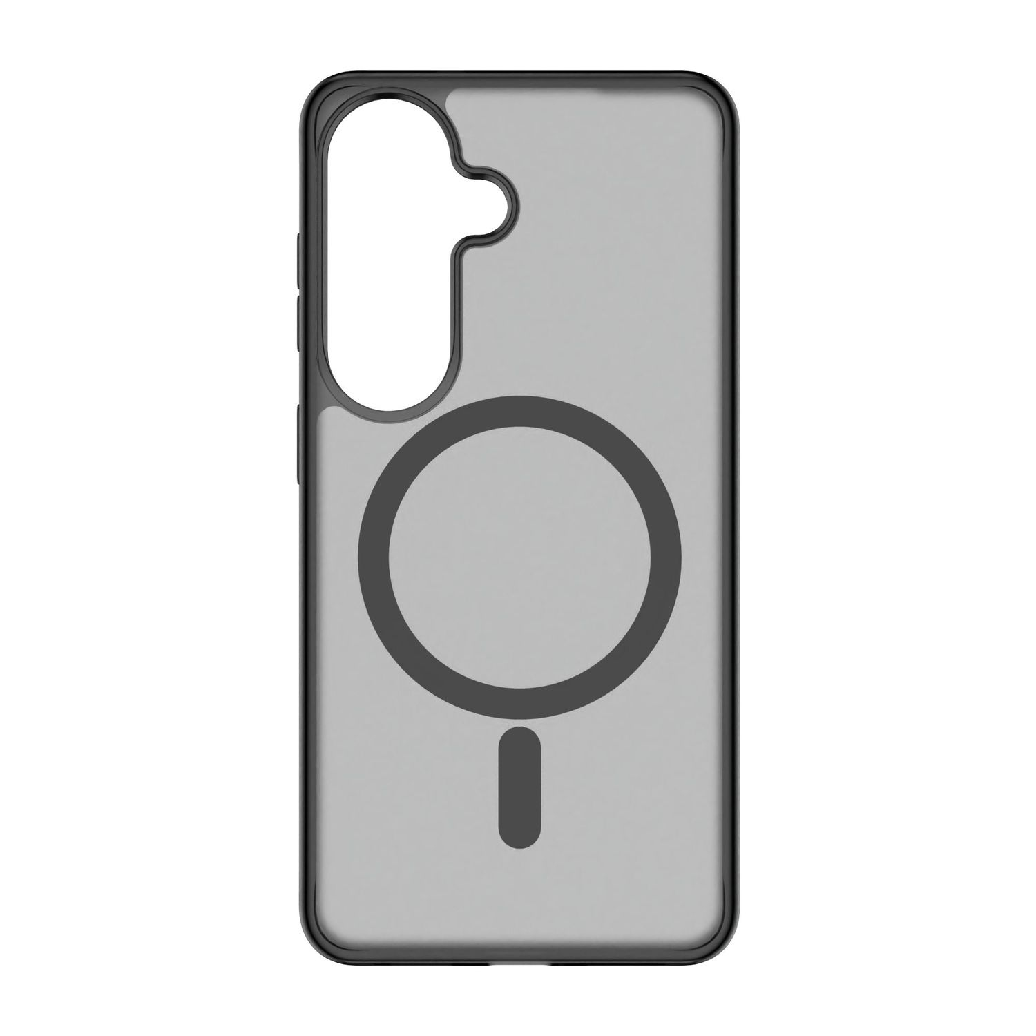 Funda de teléfono gris con patrón de círculo y guion negro.