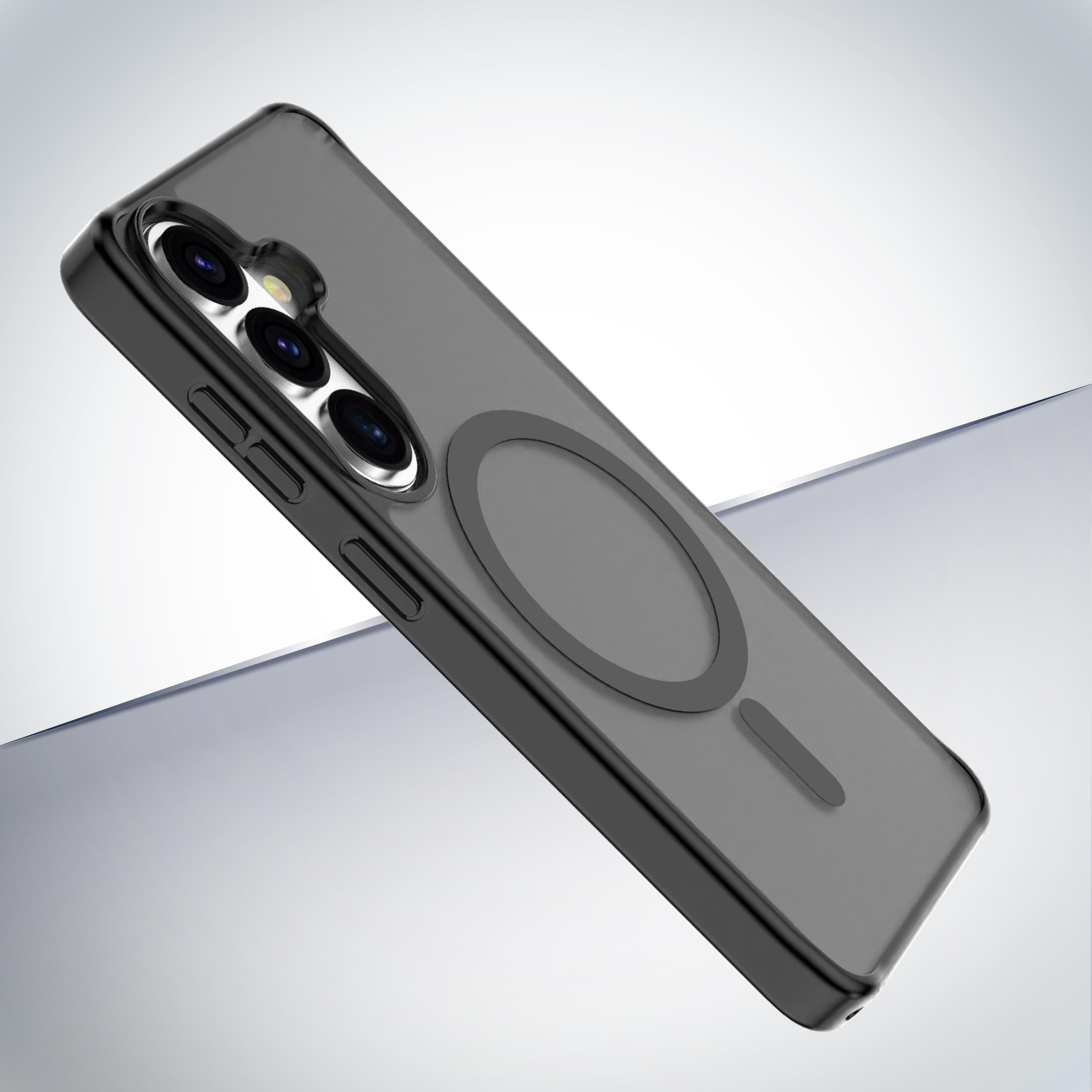 Una funda de teléfono oscura y transparente con anillo MagSafe y lentes.