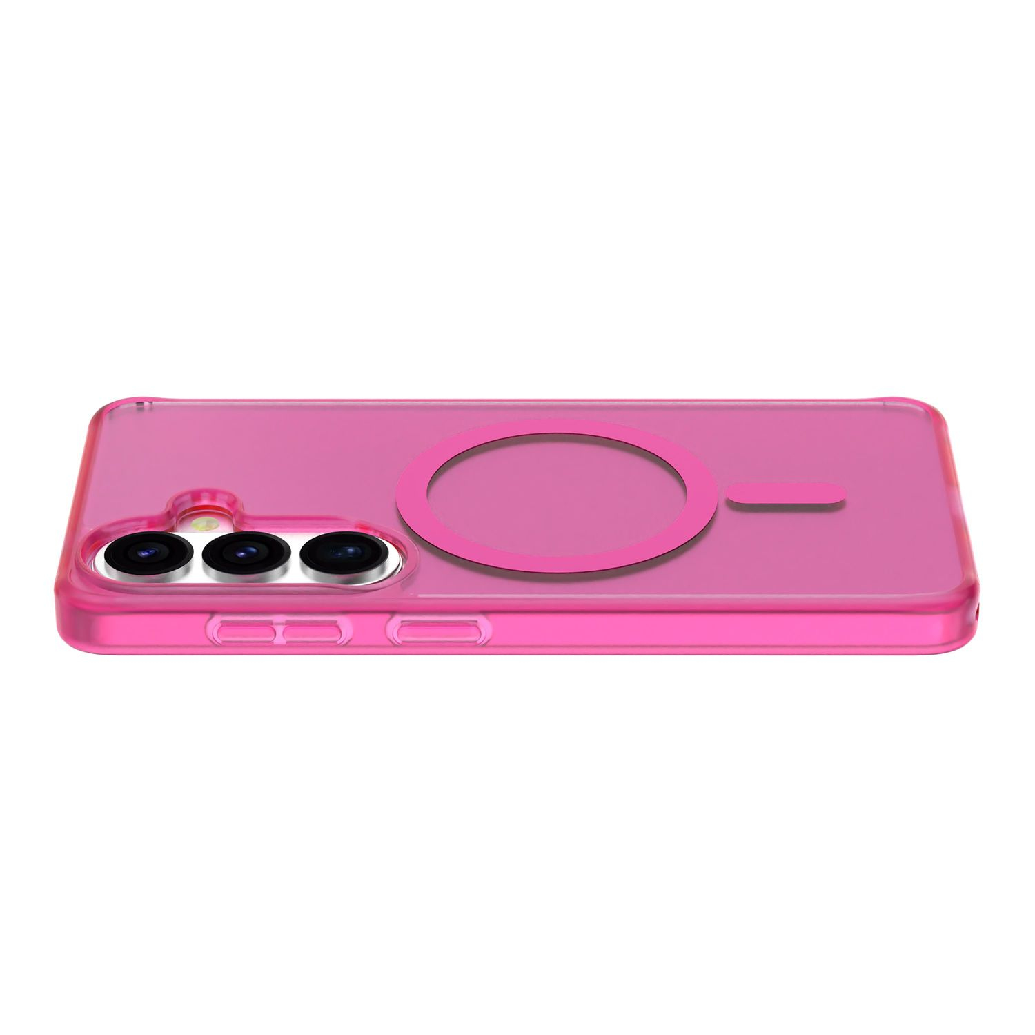 Funda rosa transparente para teléfono con lentes de cámara y anillo.