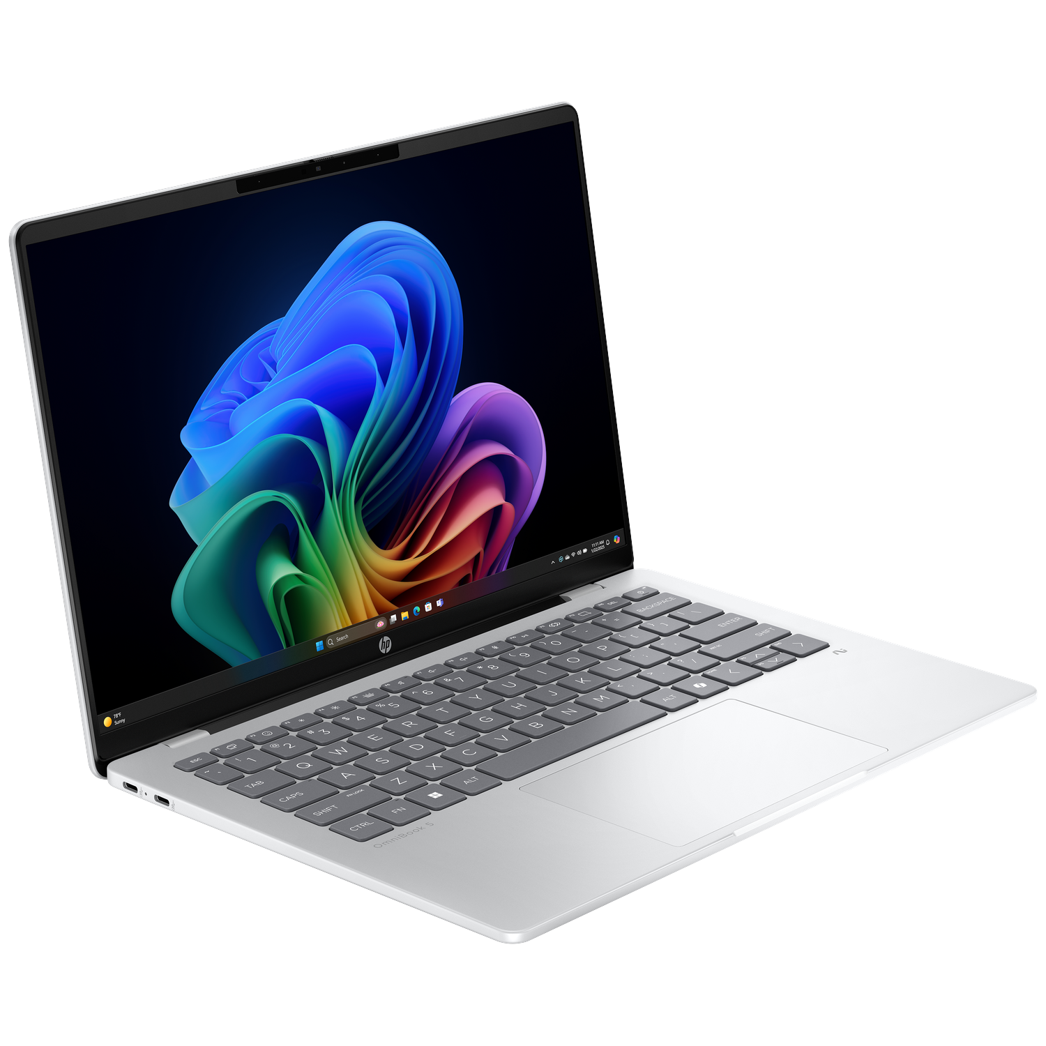 Een zilveren laptop met een verlicht scherm dat een kleurrijk abstract patroon toont.