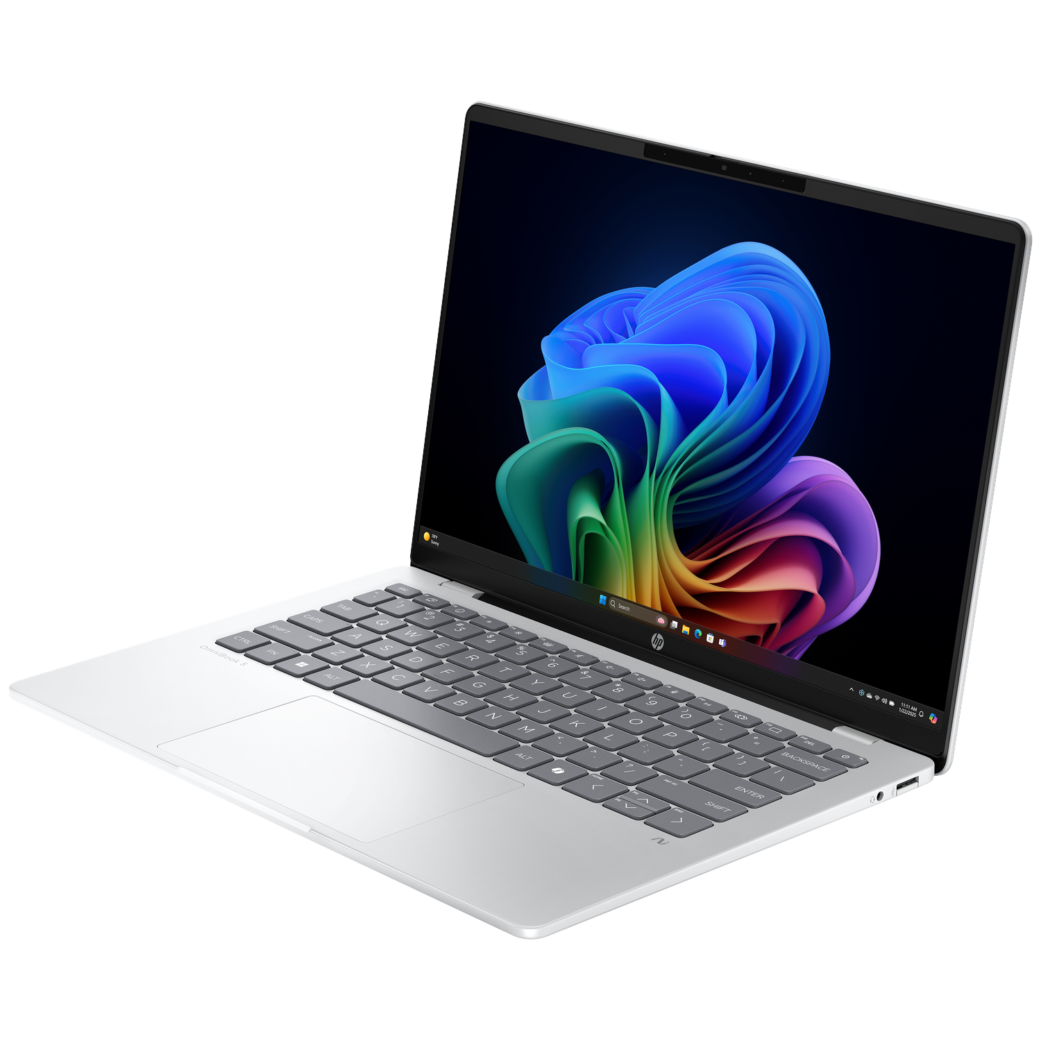 Een zilveren laptop met een kleurrijke Windows-achtergrond op het open scherm.
