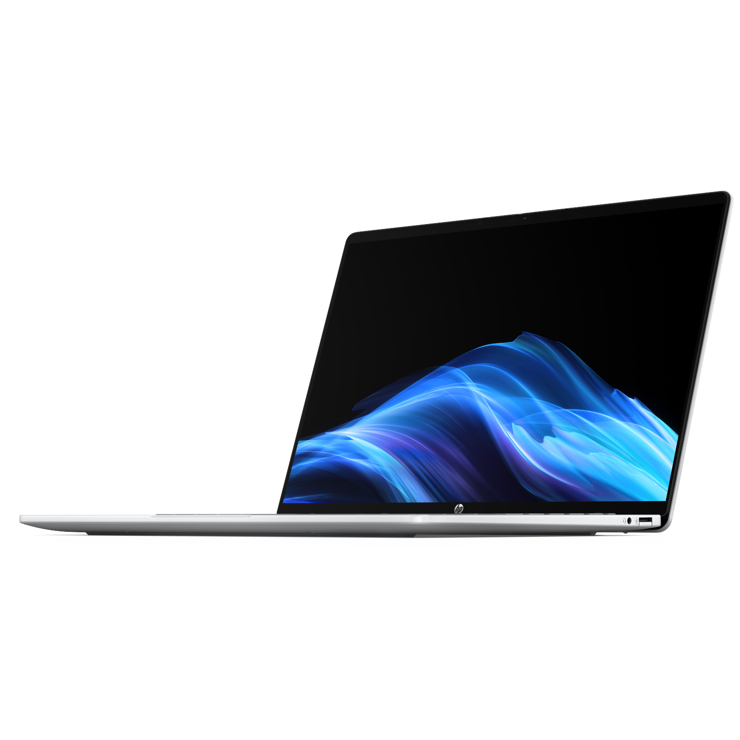 Een zilveren laptop met een blauw-witte abstracte achtergrondafbeelding op het scherm.