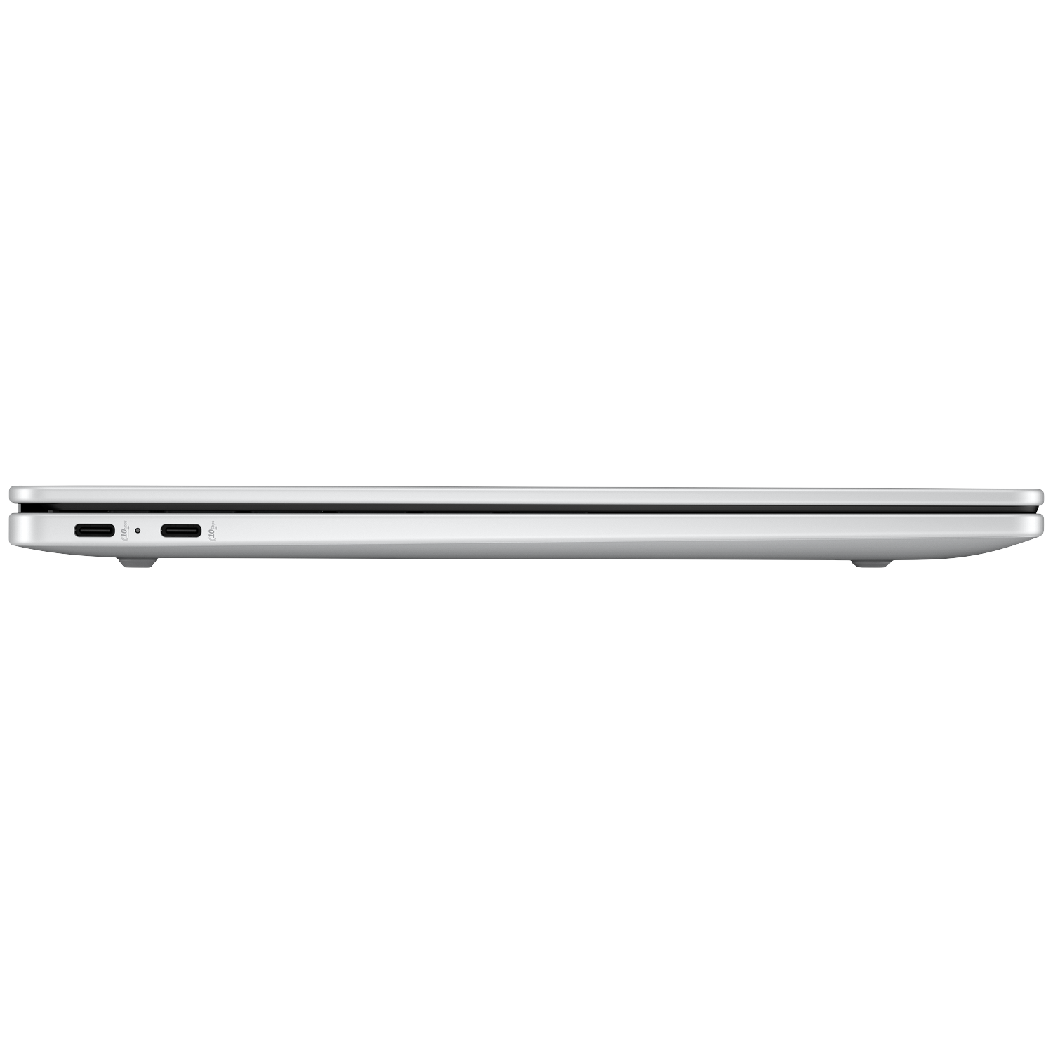 Een gesloten, slanke, zilveren laptop met twee USB-C-poorten aan de zijkant.