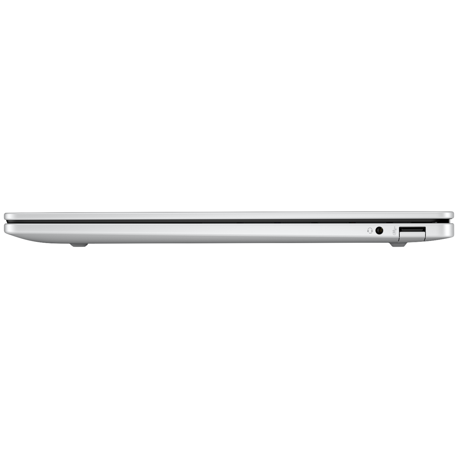 Zijde van een gesloten zilveren laptop met zichtbare USB- en hoofdtelefoonaansluitingen.