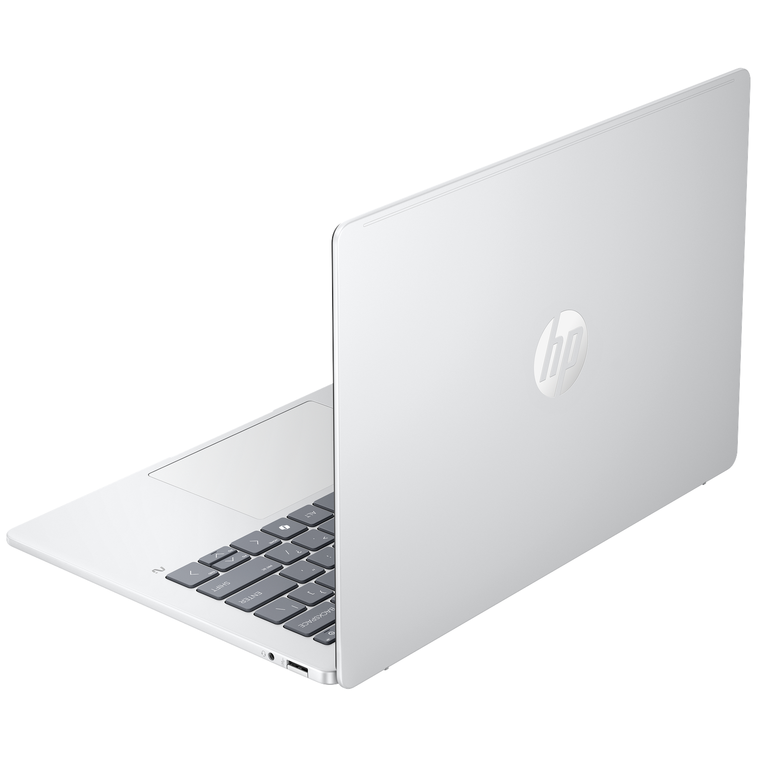 Een zilveren HP laptop is open, met zichtbaar toetsenbord en touchpad.