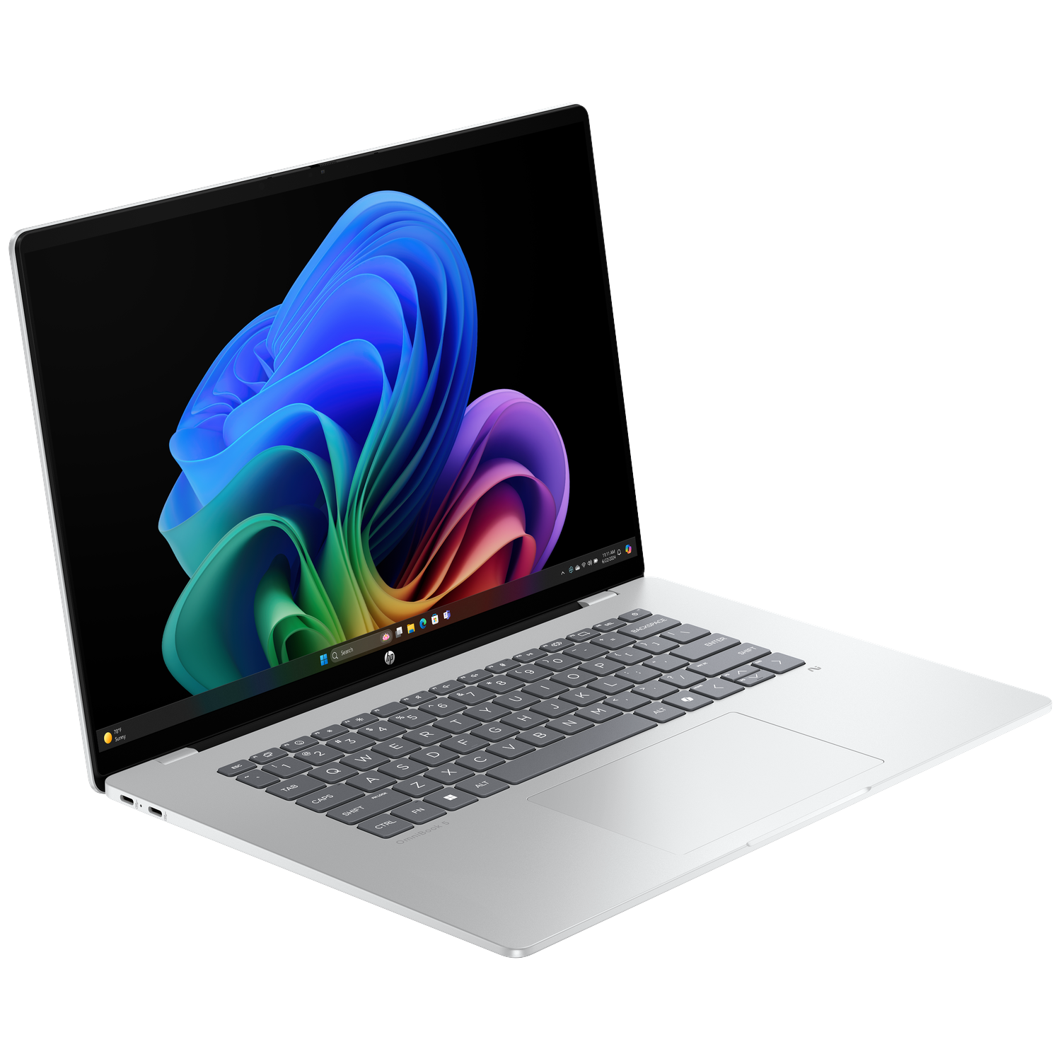 Een zilveren laptop met een kleurrijke abstracte achtergrond op het scherm.