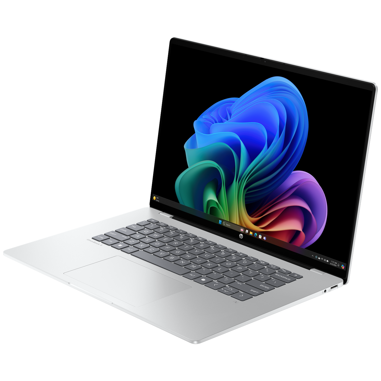 Een zilveren laptop met een kleurrijke achtergrondafbeelding op het scherm.