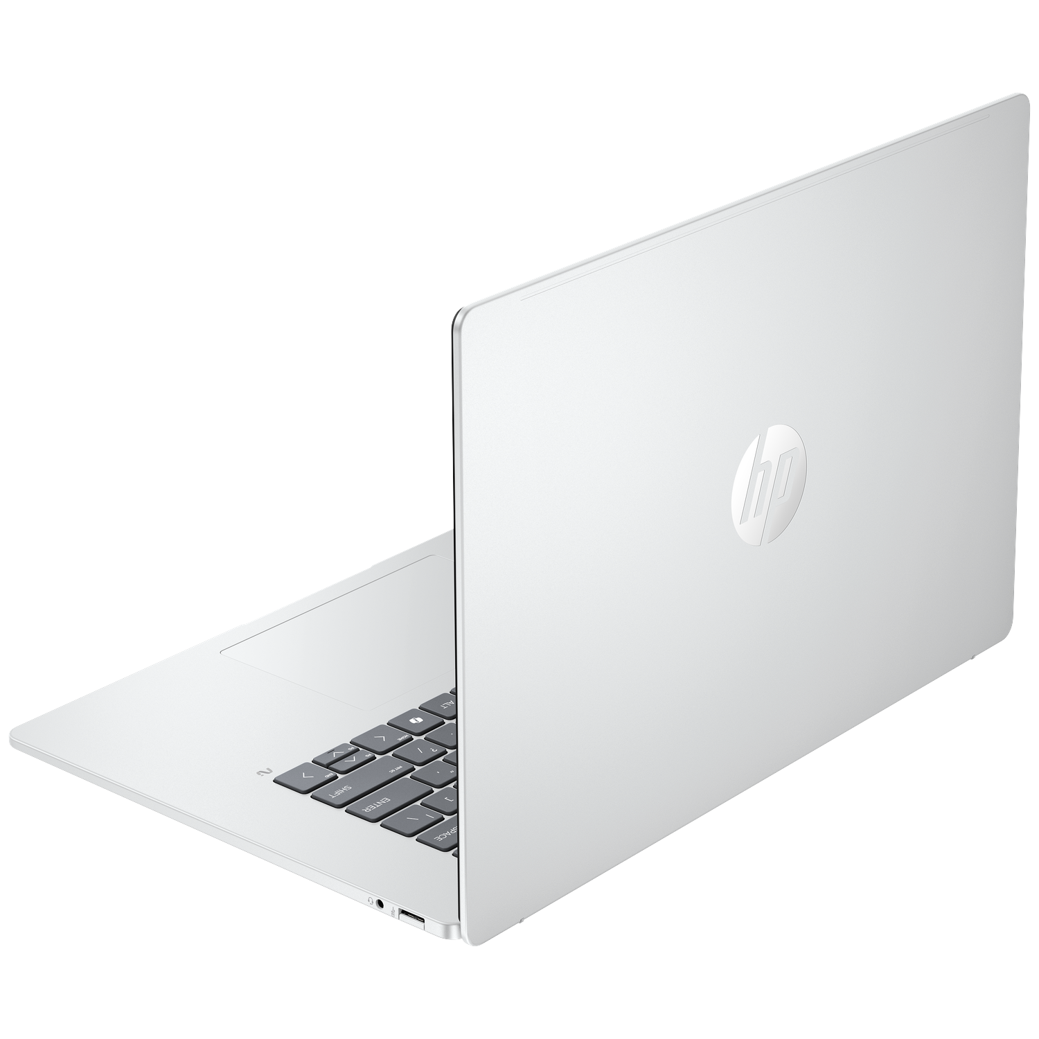 Een witte HP laptop met toetsenbord en verlicht logo op de klep.