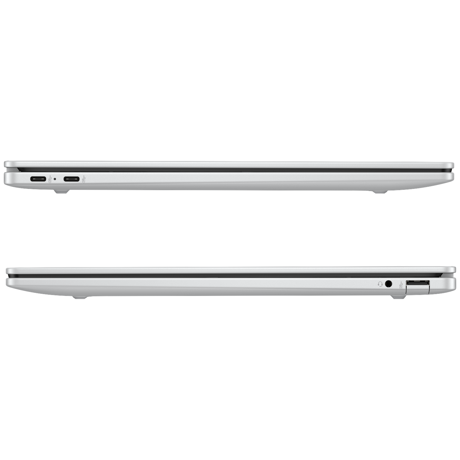 Zilveren laptop met USB-C poorten en koptelefoonaansluiting.