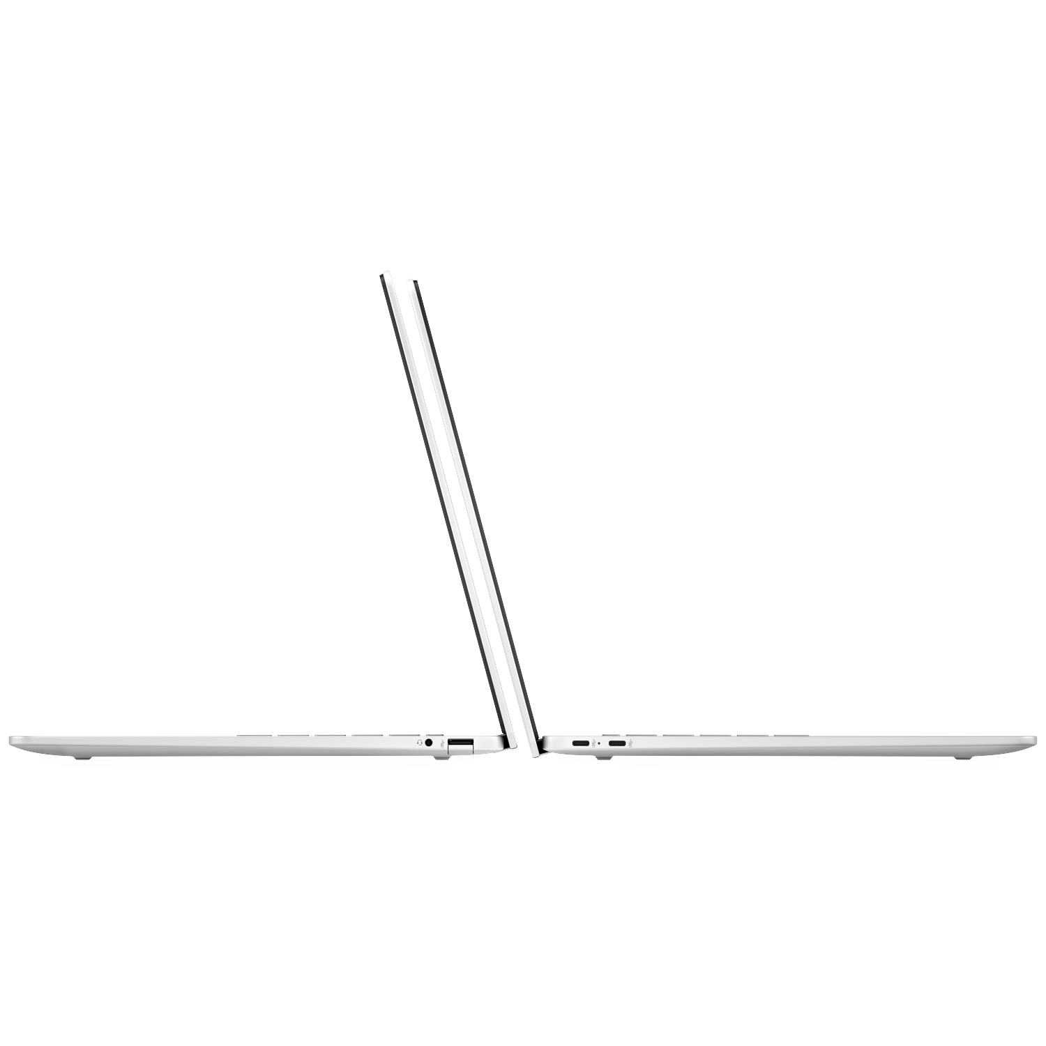 Zilveren laptop, van de zijkant getoond, met open scherm.