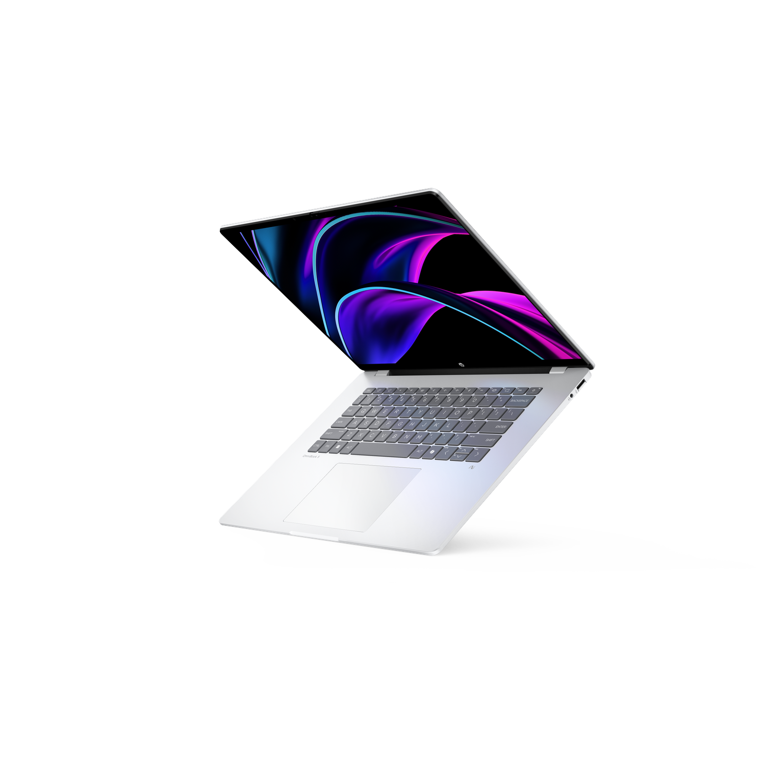 Een zilveren laptop met een abstracte, kleurrijke achtergrond op het scherm.