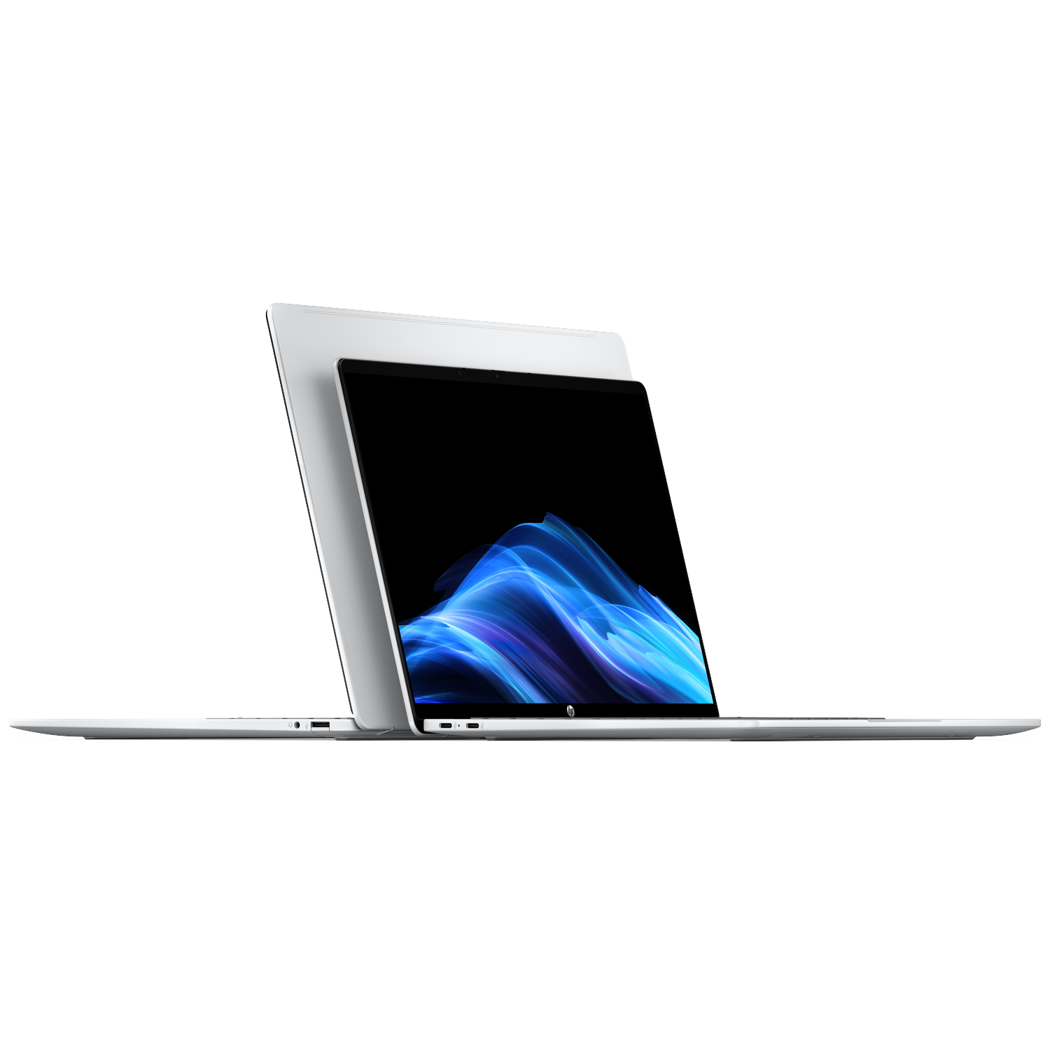 Een open zilveren laptop toont een blauw golvend patroon op het scherm.