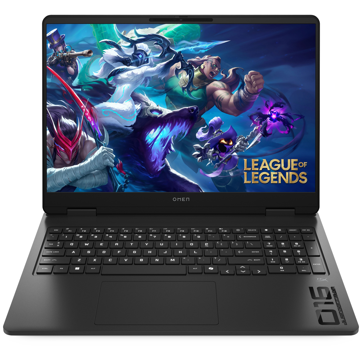 Een laptop die League of Legends toont met personages op het scherm.