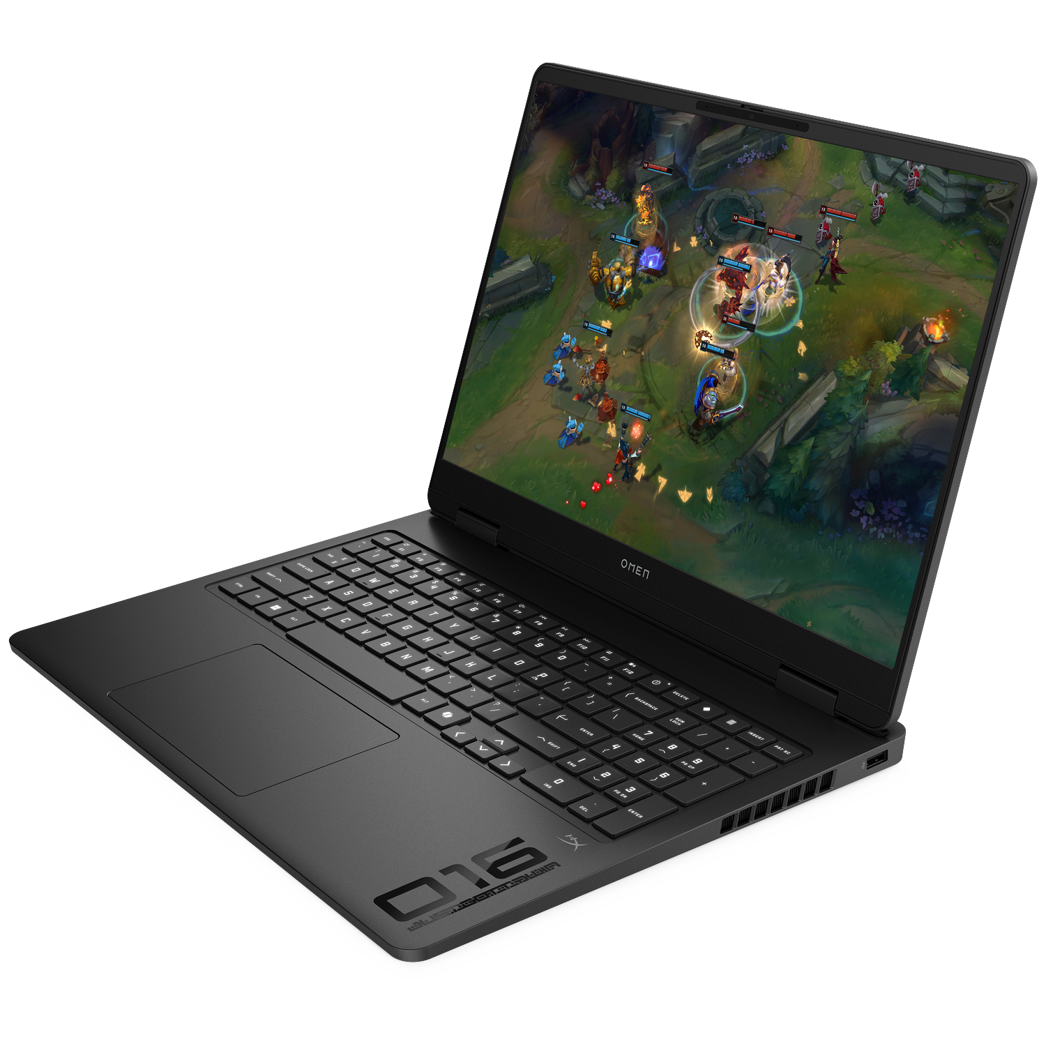 Een OMEN laptop toont het spel League of Legends op zijn scherm. De achtergrond is zwart.
