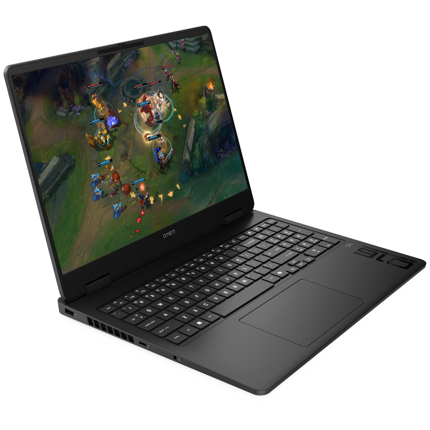 Een zwarte laptop toont een videogame op het scherm. Toetsenbord is zichtbaar.